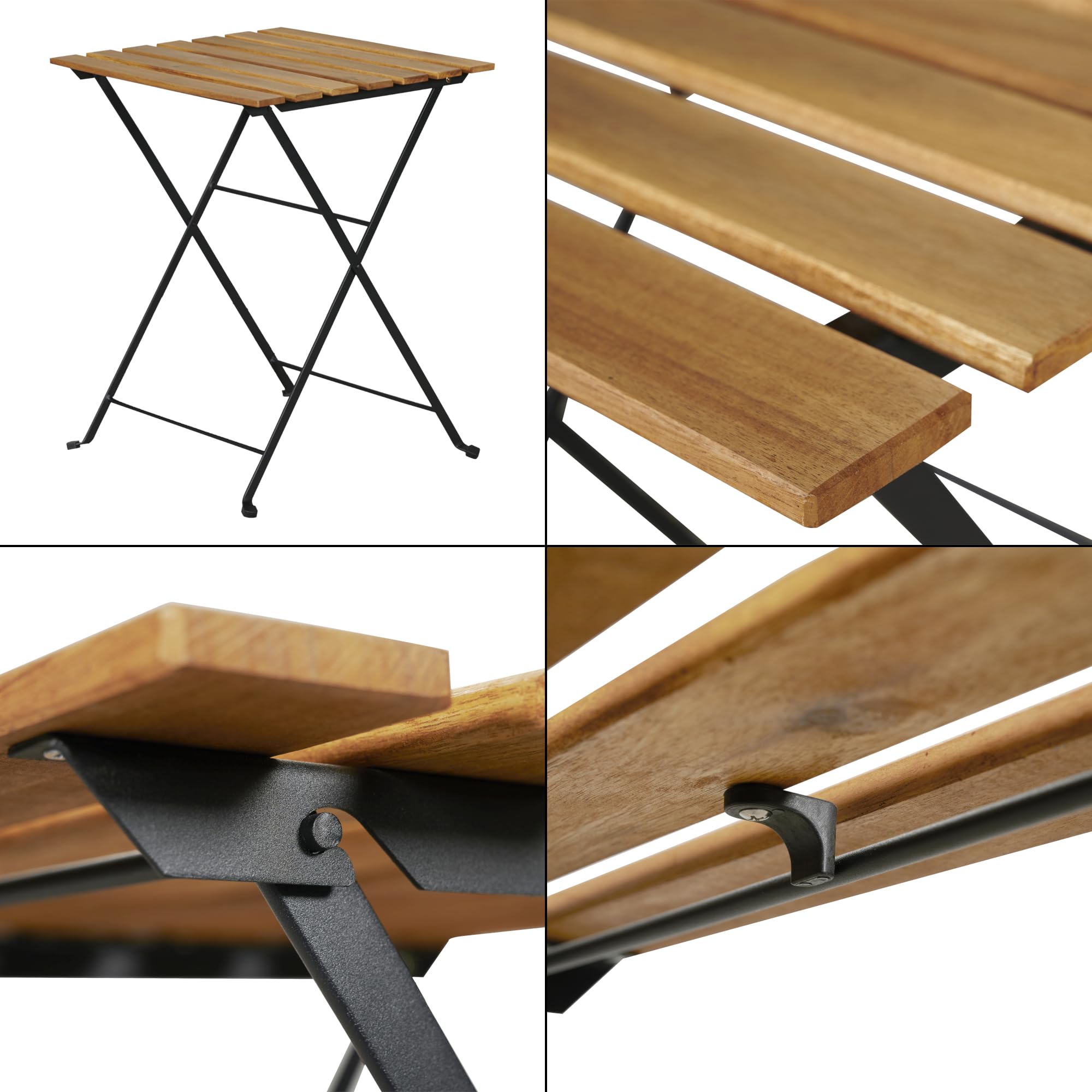 Set de Bistrot 3 Pièces Table et 2 Chaises Pliantes Meuble Jardin Balcon Patio Terrasse Acier Laqué Bois d'Acacia Noir Capacité 110 kg