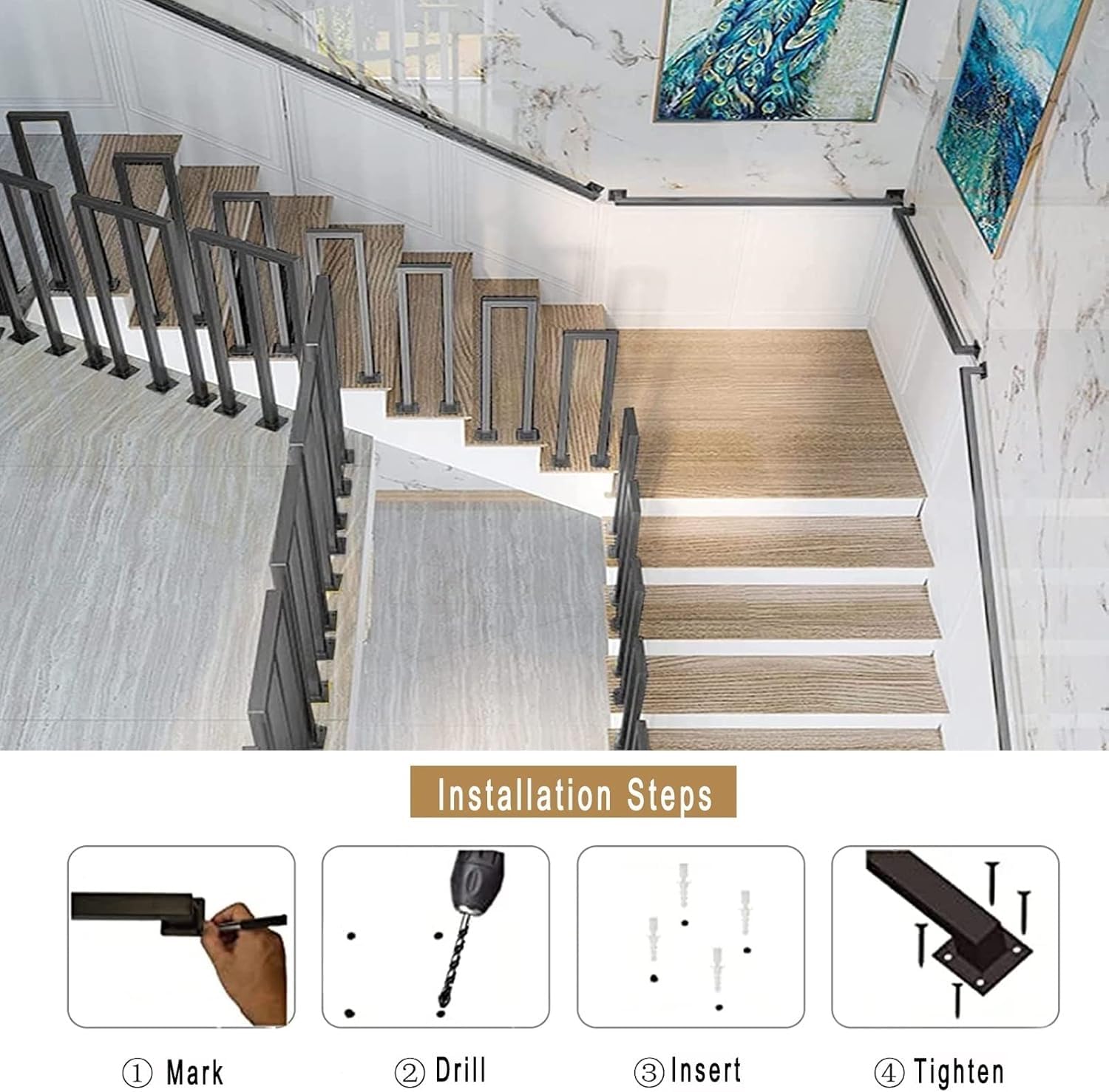 X&Z-XAOY Schwarzes Treppengeländer Handlauf Wandmontierte Korridor-Stützstange 1.5/2/m Treppenhandläufe für Innen und Außen Villa Loft Sicherheits-Treppengeländer(2m(6.5ft))