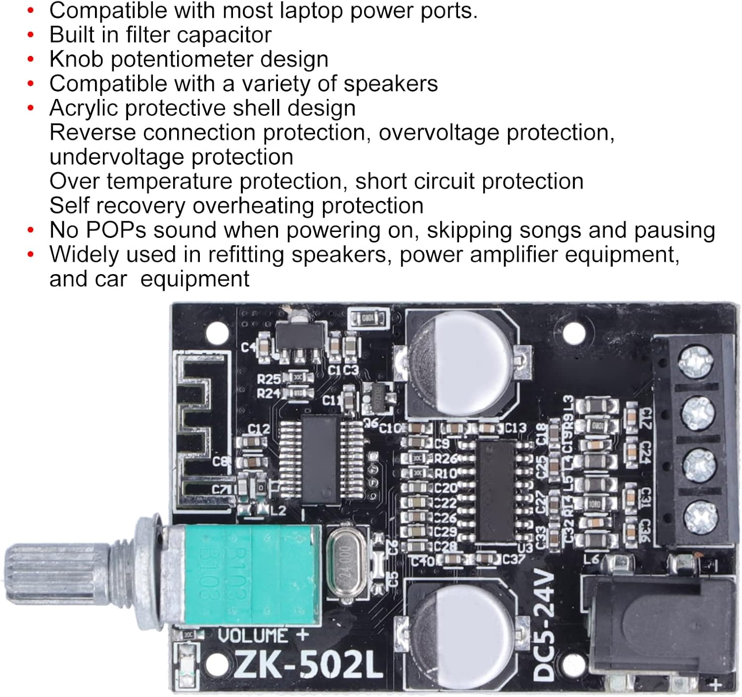 Close-up of ZK-502L Amplifier Board with features listed