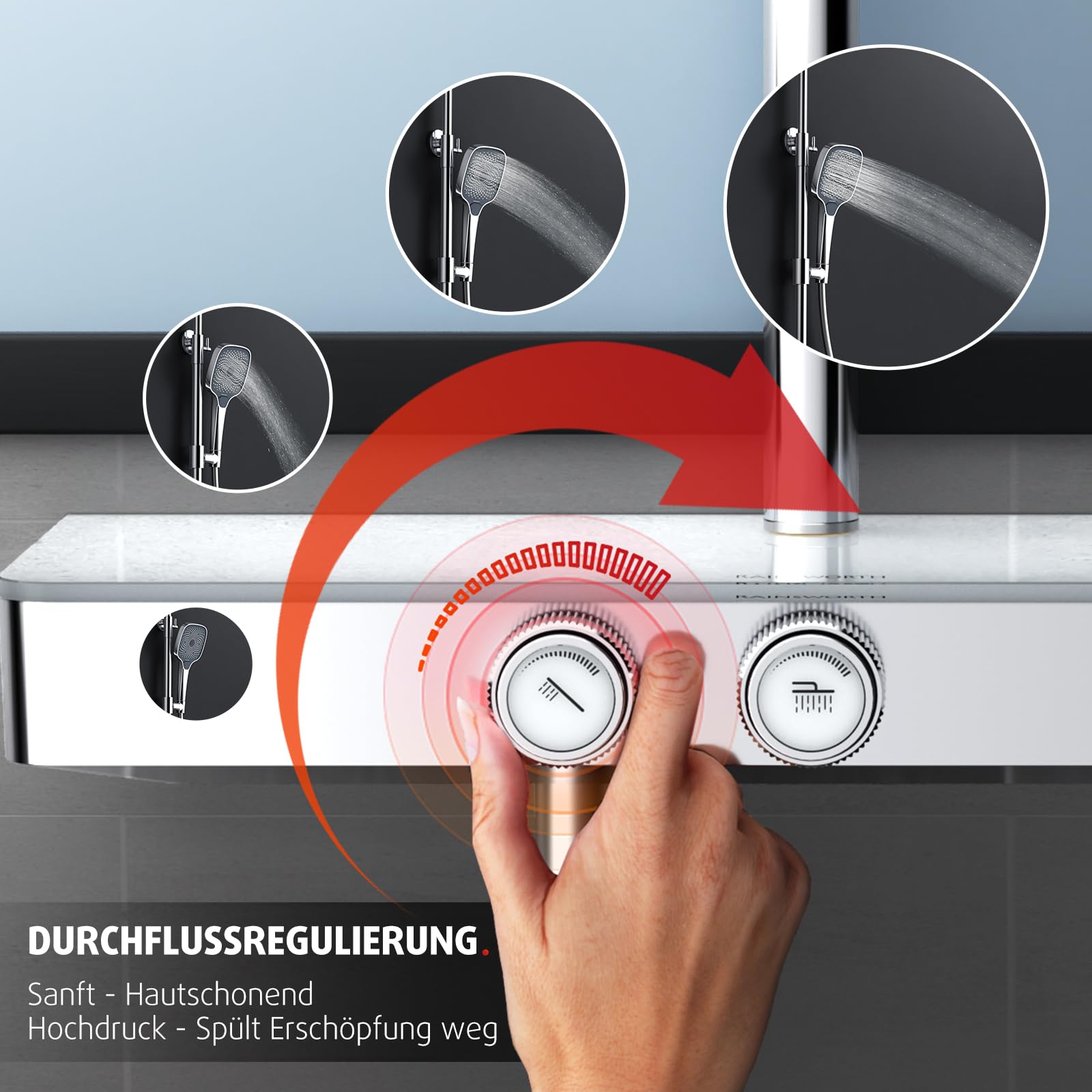 Rainsworth Duschsystem mit Thermostat und Glasablage 26 x 26 cm, Chrom | Ein-Tast-Bedienung & Durchflussregelung Duscharmatur Komplettset, Regendusche, Handbrause 3 Strahlarten -Duschset mit armatur