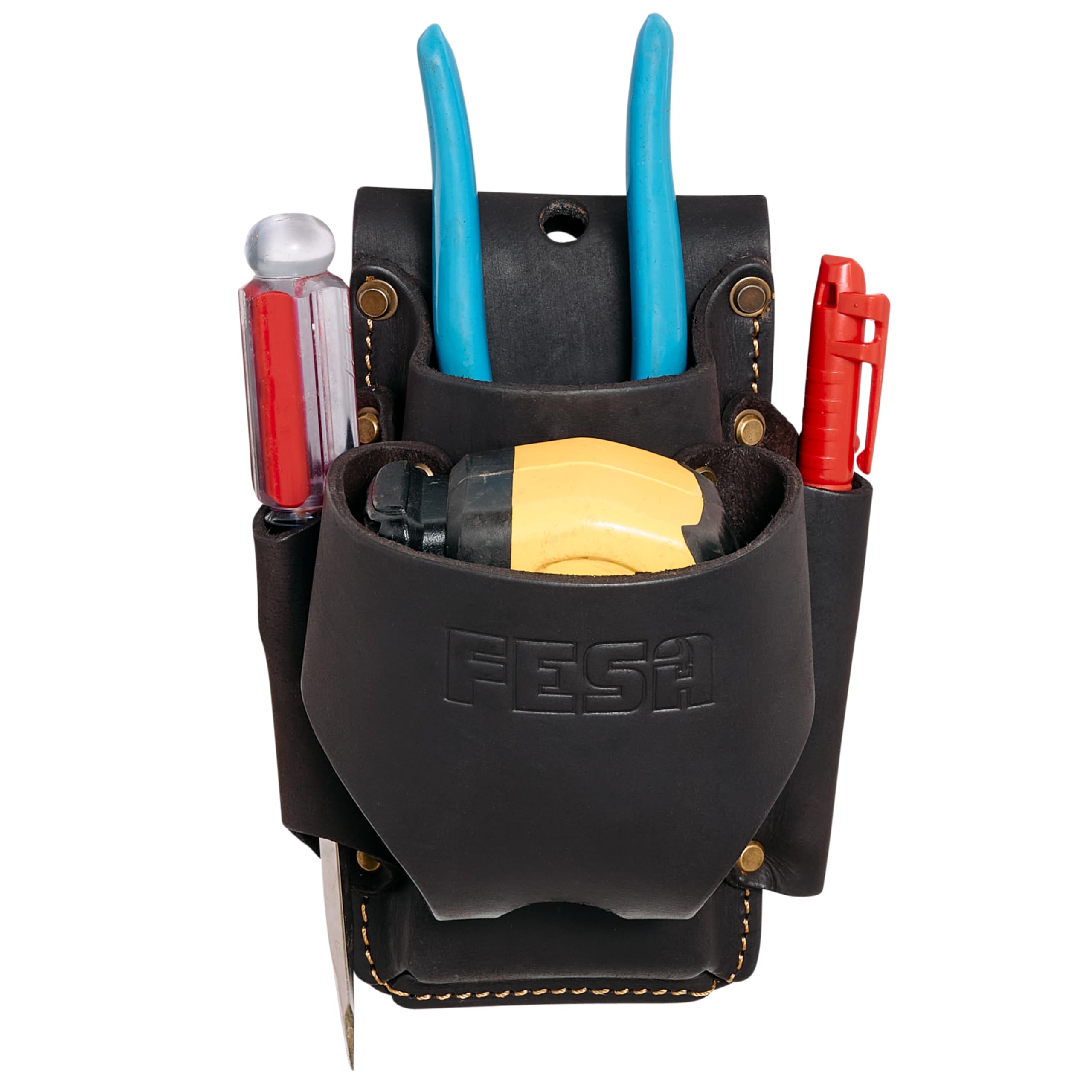 FESA Small Leather Tool Pouch - 4-in-1 Heavy Top Grain Leather Small Tool Pouch with a Tape Measure Holder, 3 Pockets & Reinforced Heavy Duty Rivets -