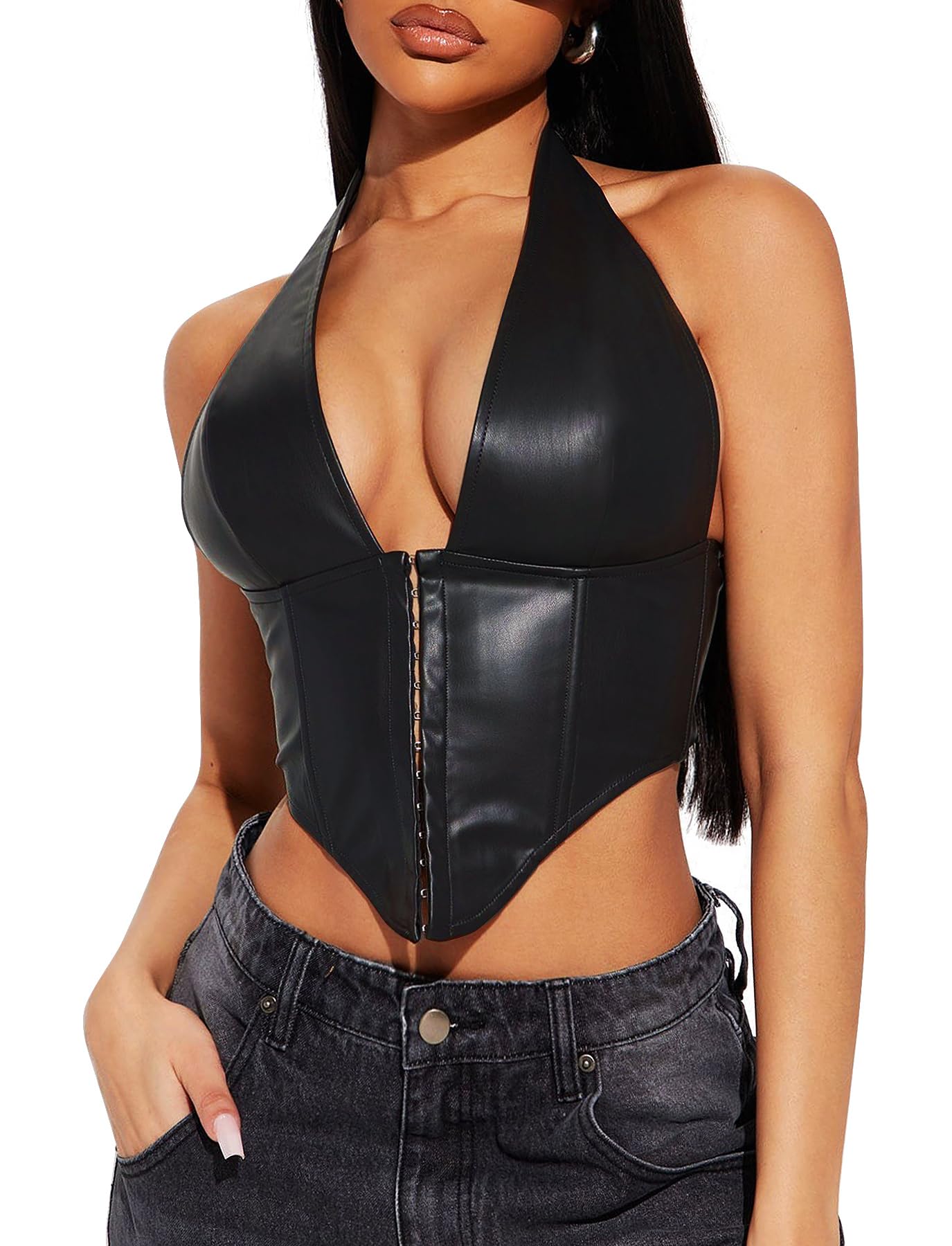 TZLDN Corset sexy en cuir pour femme - Dos nu - Col en V profond - Pour festival, rave, techno