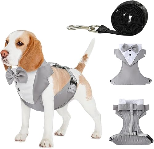 Miniatura 9 de BRKURLEG Arnés de esmoquin para perro, arnés ajustable para perros pequeños y medianos, arnés de traje de boda para perro con pajarita, cómodo arnés