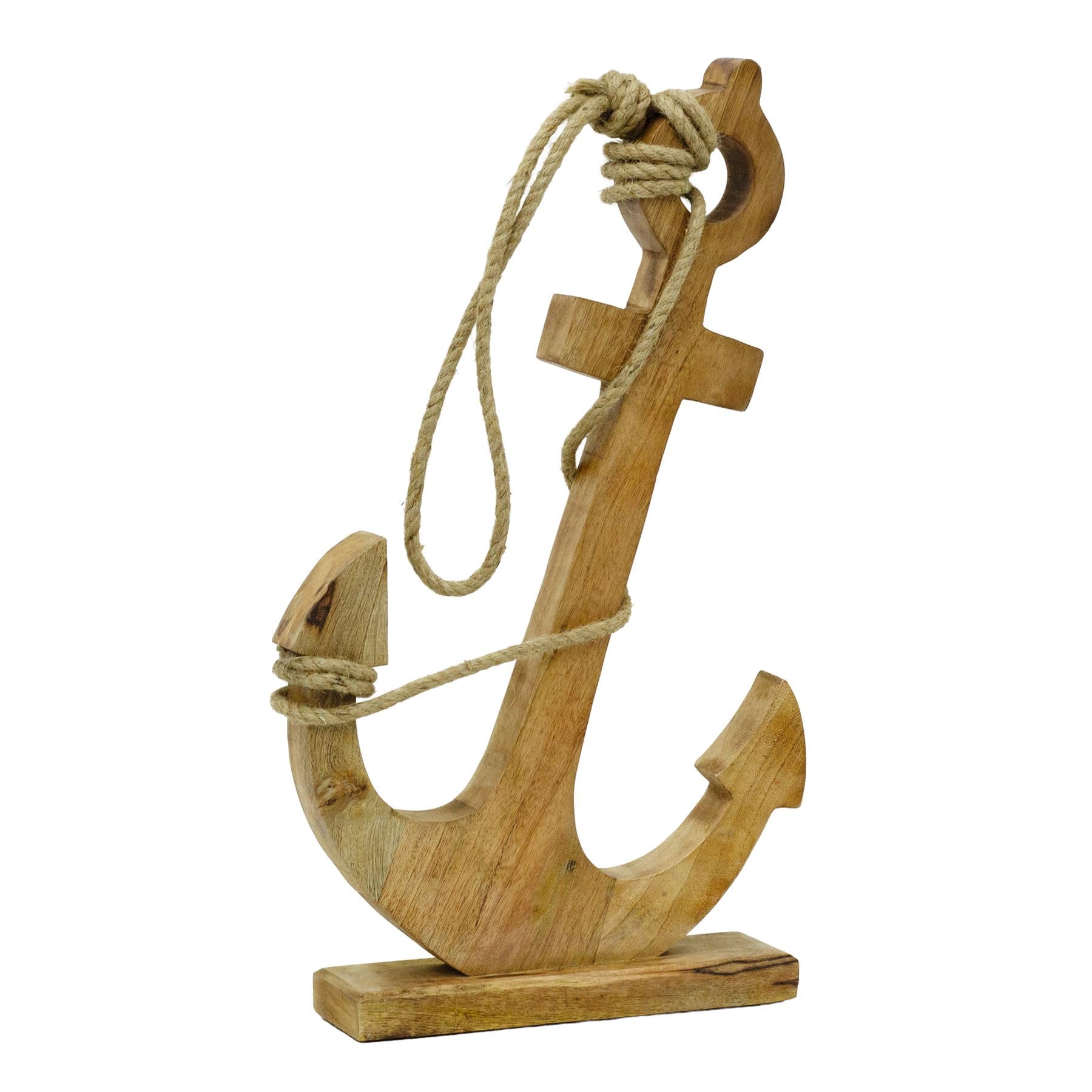 Large Wooden Ships Anchor Ornament on Stand | Rustic Nautical Anchor with Jute Rope for Coastal Home Decor and Beach Style Interiors - 51cm