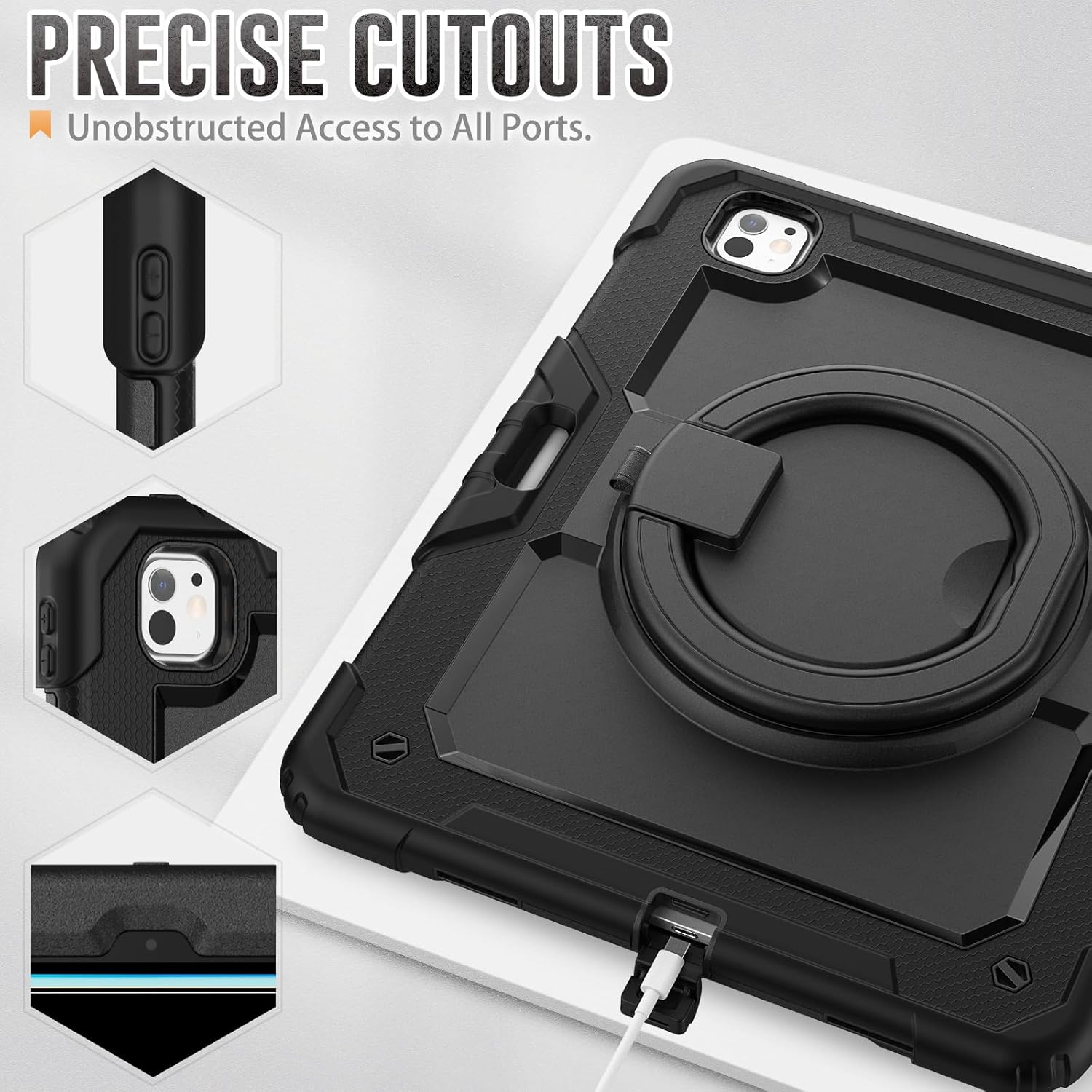 Case Compatible with iPad Pro 13 Inch Case 2024 M4, Full Body Protective Rugged Cover[Pencil Holder+Screen Protector] Rotating Handle Silicone Cover Compatible with iPad Pro 13 Inch M4 2024 (Black)