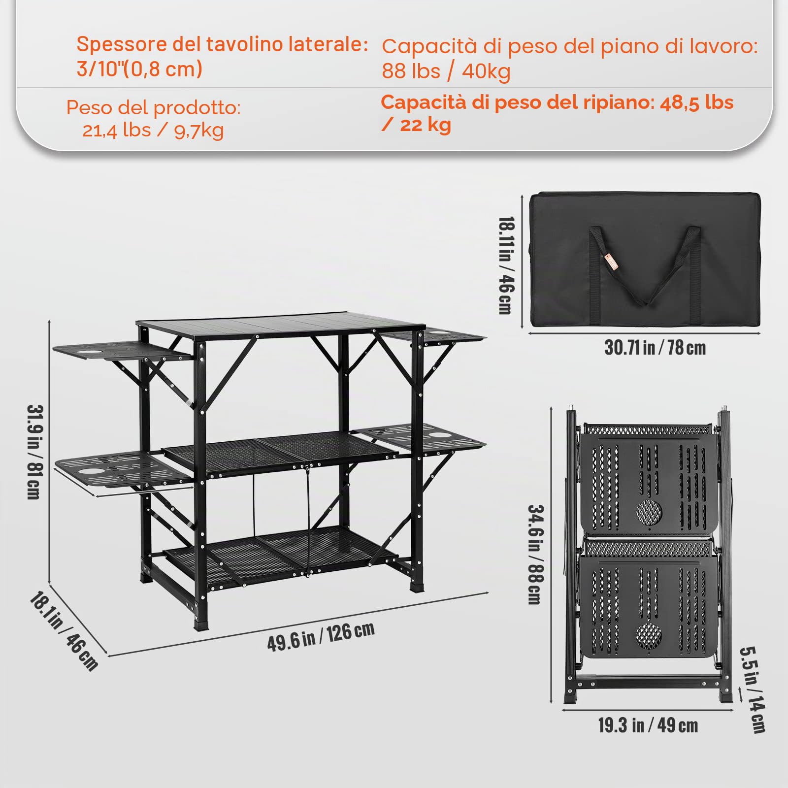 VEVOR Cucina da Campeggio per Cottura BBQ Pieghevole Portatile 2 Ripiani Carico 40 kg Materiale in Alluminio Ferro Dimensioni Estese 126x46x81 cm, Tavolo Pieghevole Portaoggetti da Campeggio per BBQ