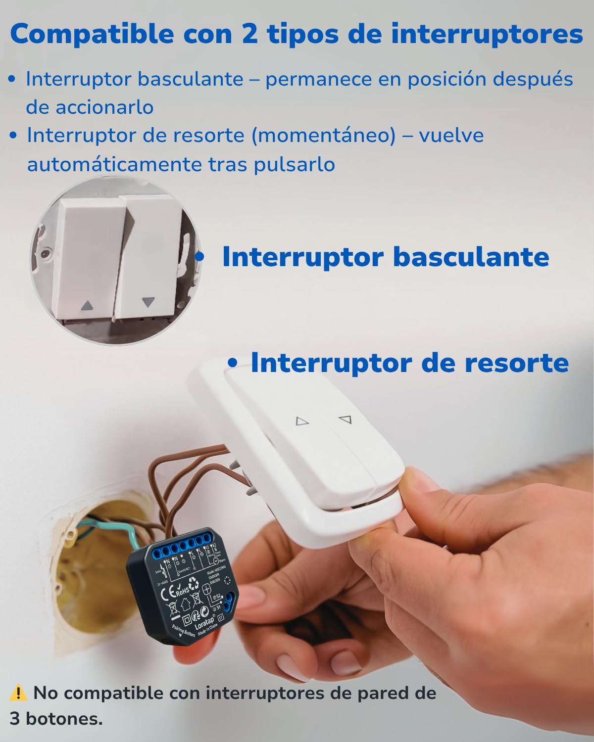 LoraTap Interruptor Persiana WiFi 2 Unidades: Apertura 0–100% con App | Apertura precisa sin parada manual – Grupos – Horarios – Control por voz – Sin hub – Conserva interruptor – AC 4 hilos 300W