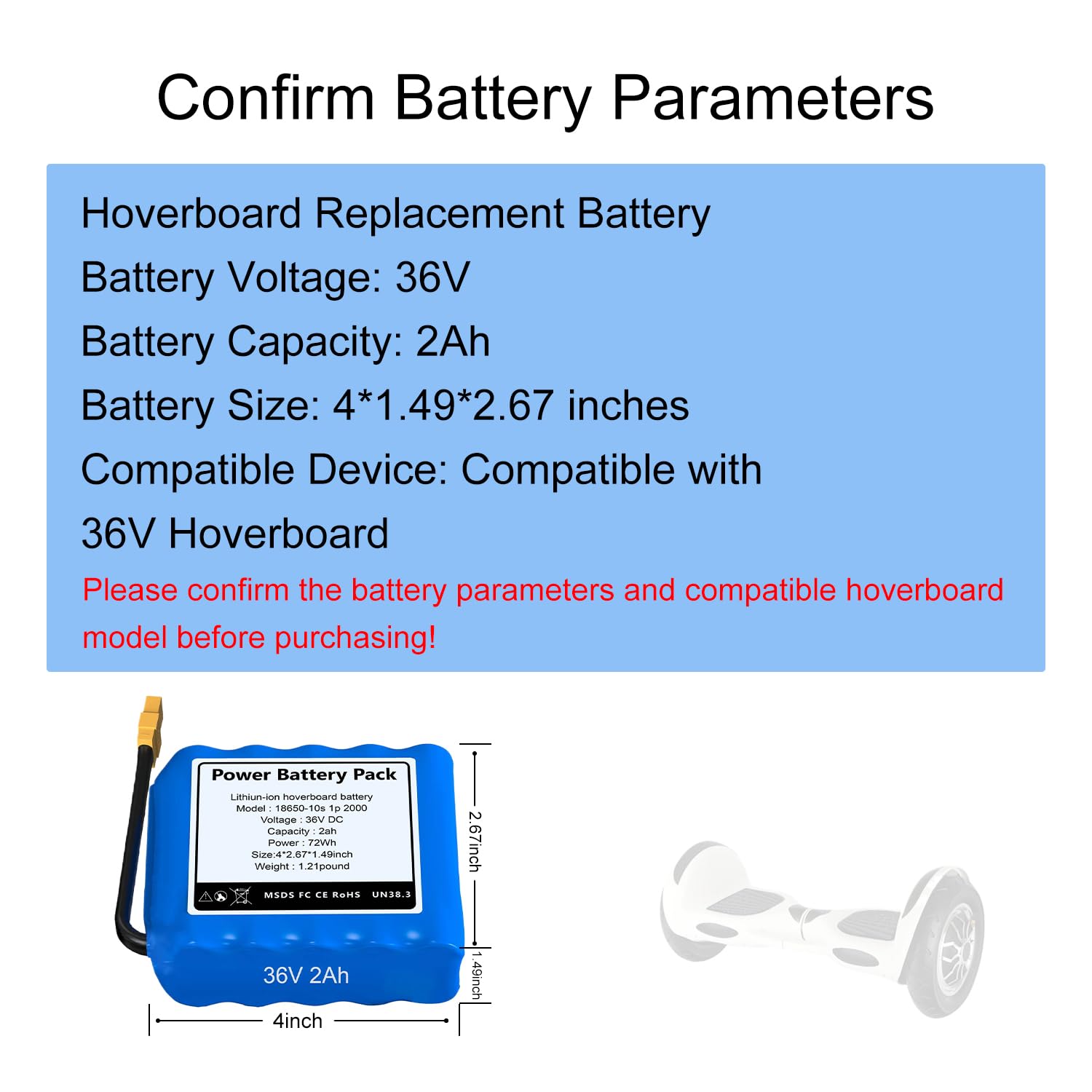 CWUU 36V 2Ah Hoverboard Battery Compatible with 36V/42V Self Balancing Rechargeable Hoverboards 72Wh High Capacity Replacement Battery Pack, Size: 4 * 2.67 * 1.49inches