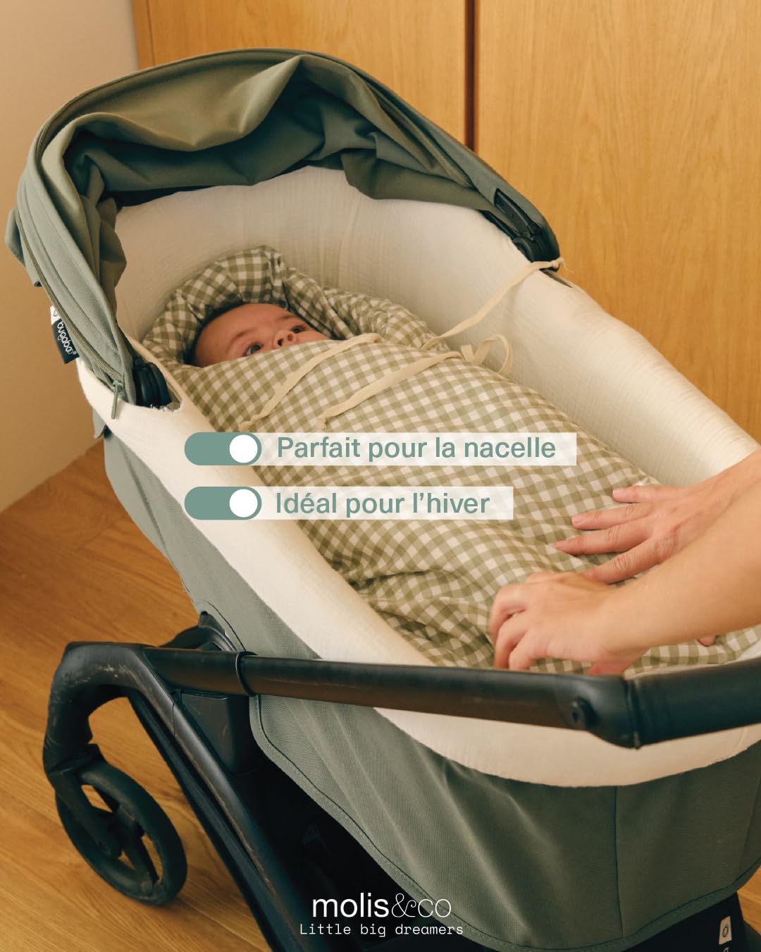 molis&co - Chancelière d'hiver pour bébé - Matériaux 100% Oeko-Tex - Coupe-Vent - pour Poussette d'hiver (TOG 6.5) - Convient pour Toutes Les poussettes - Mint Tea