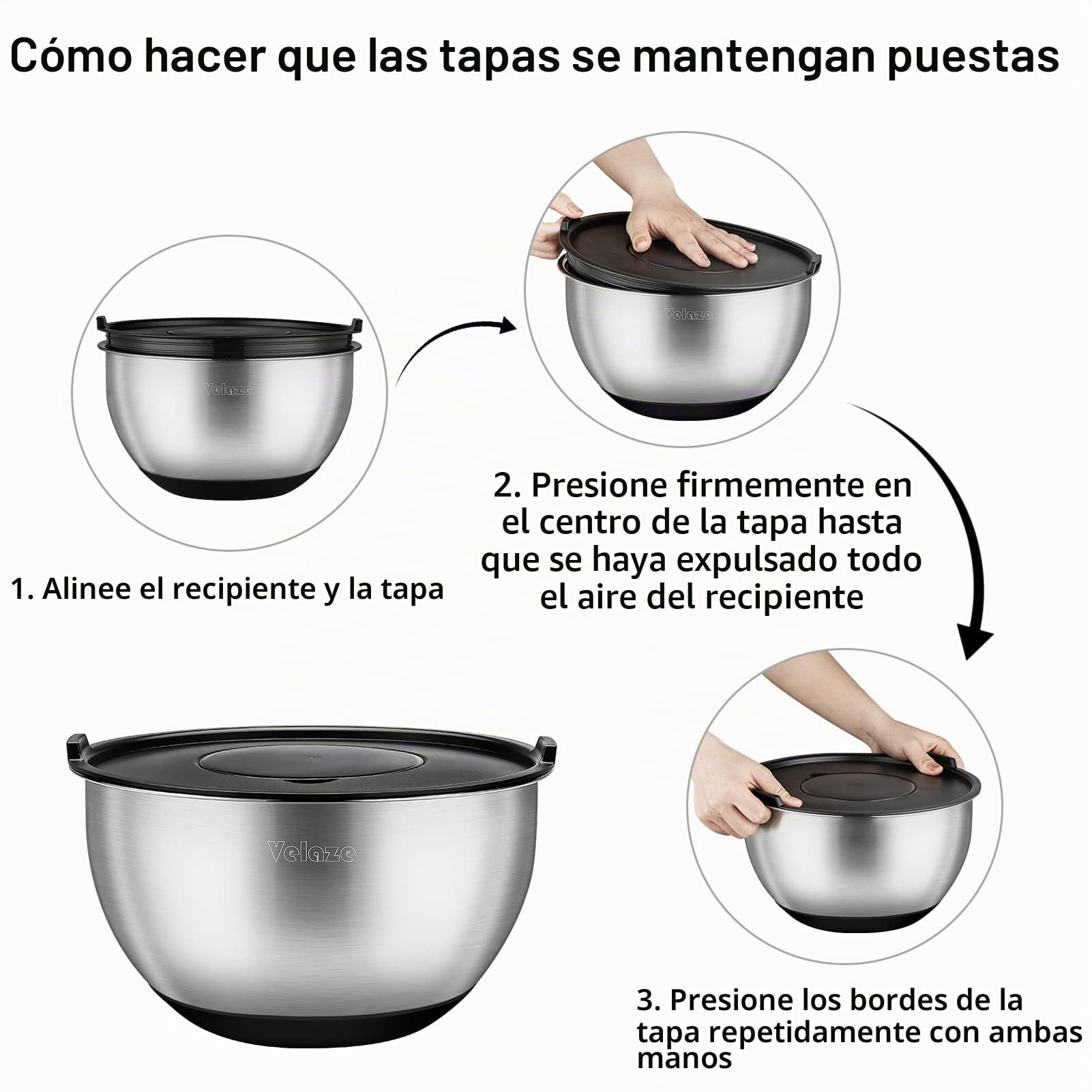 Velaze Juego de cuencos de acero inoxidable, 5 unidades, ensaladera con tapa, cuenco para mezclar con 3 ralladores, base de silicona antideslizante, 5 l, 3 l, 2 l, 1,5 l, 1 l, diferentes tamaños para