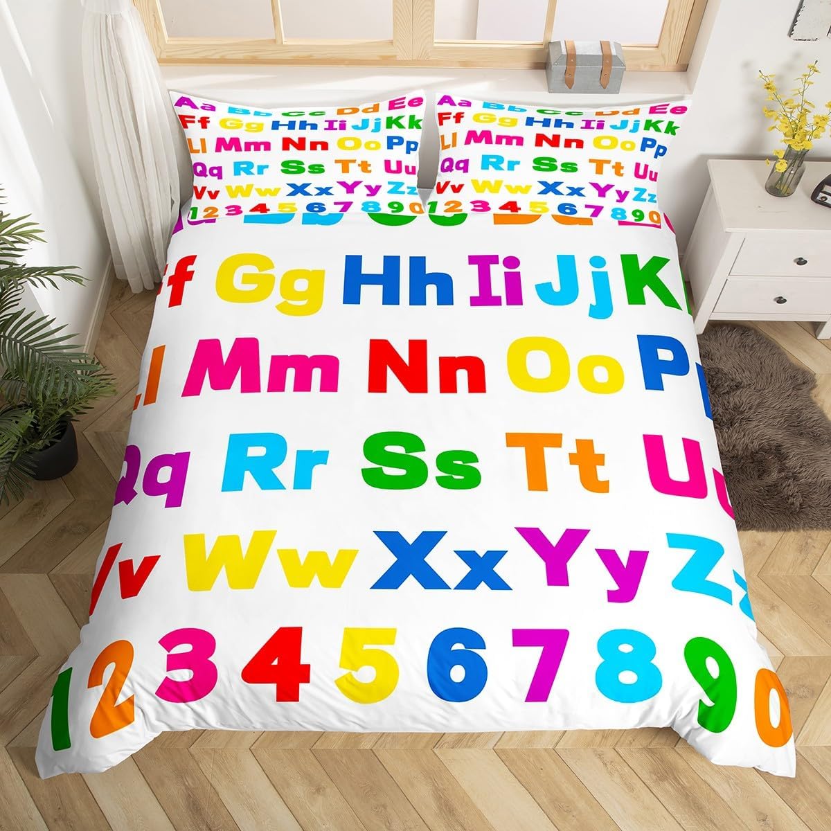 Feelyou 26 English Letters Duvet Cover Queen Size Colorful Alphabet Number Bedding Set for Boys Girls ABC Number Comforter Cover Red Blue Purple Yellow Bedroom Decor 3Pcs