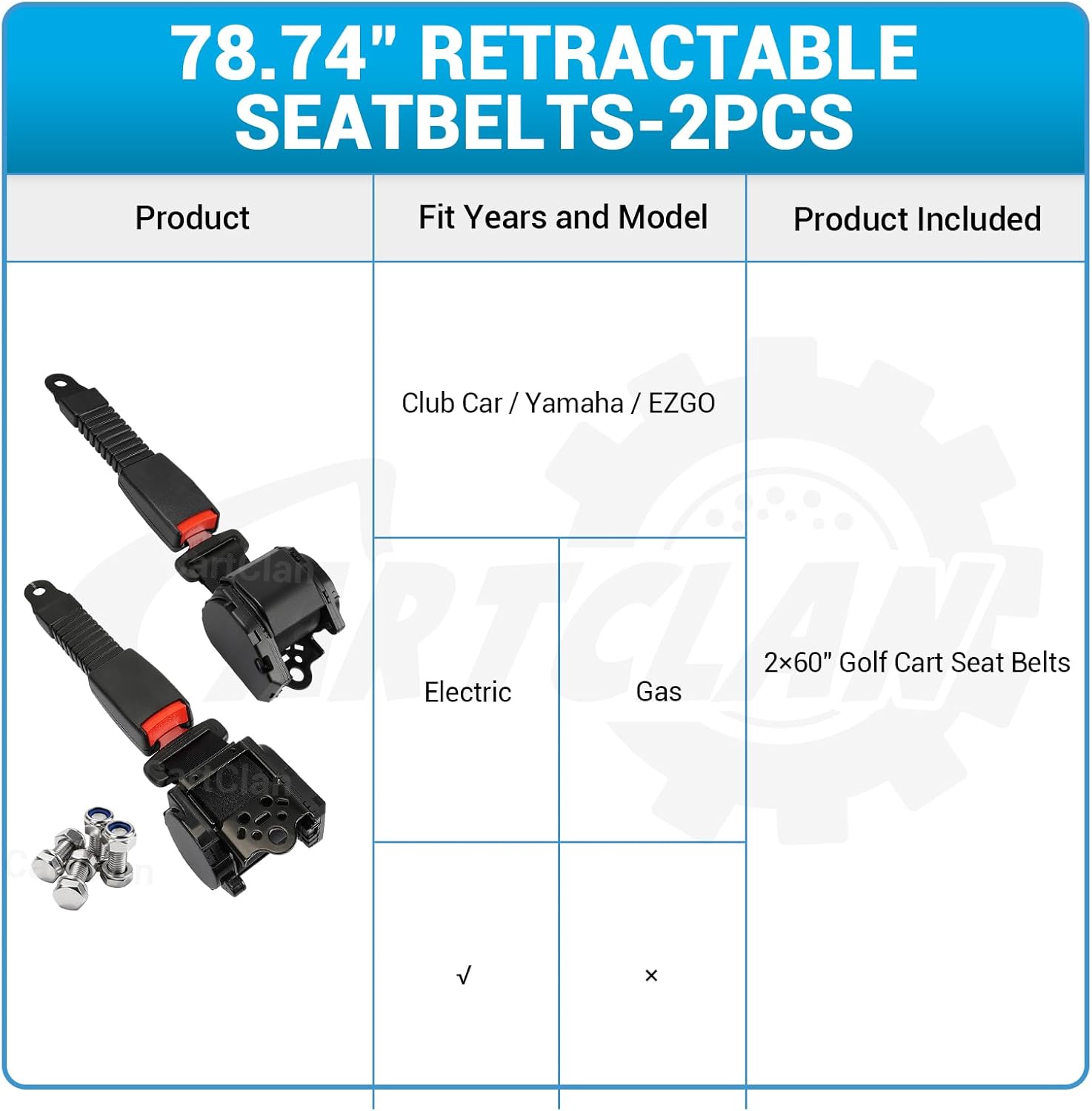 78.74" Retractable Golf Cart Seat Belts, Universal Golf Cart Seat Belts Suitable for Club Car/EZGO/Yamaha Golf Carts, Extended-Length Golf Cart Seat Belts(Set of 2)