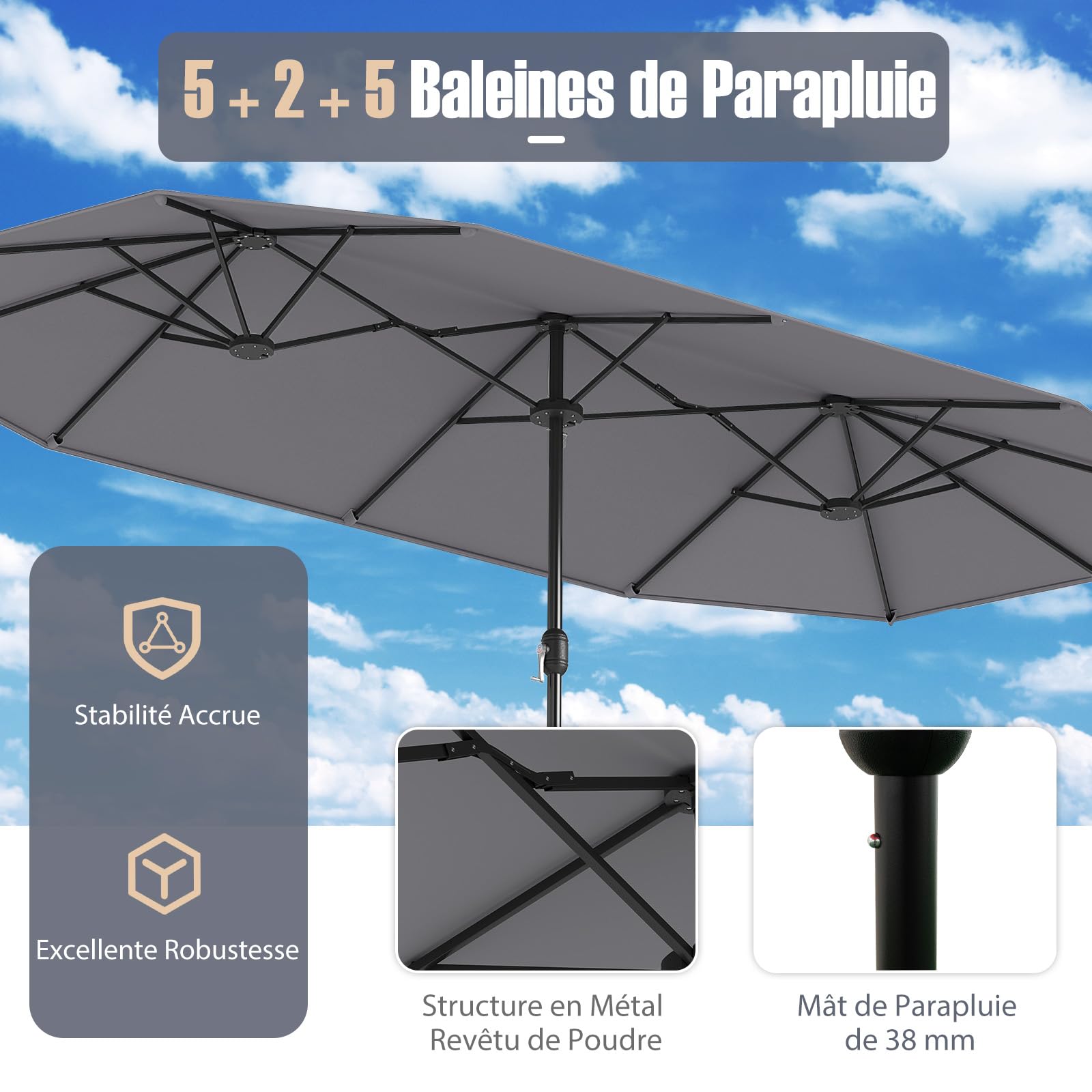 RELAX4LIFE Grand Parasol de Jardin Extérieur avec Pied | Parasol Double Terrasse à 12 Baleines | Manivelle | Polyester Résistant | Verrou de Sécurité | Protection UV pour Piscine Patio Marché (Gris)