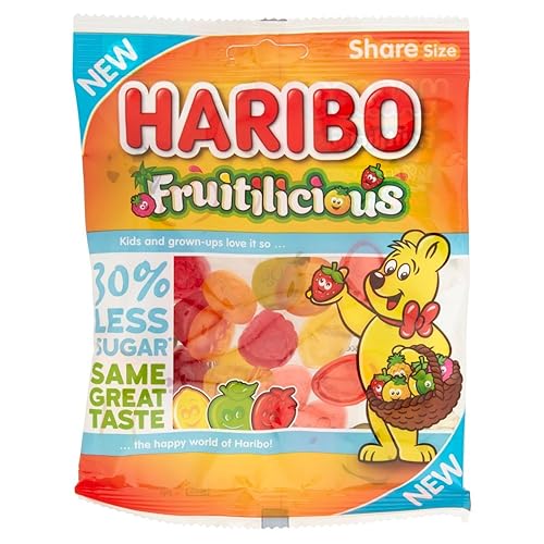 Miniatura 4 de Original Haribo Fruitilicious - Caramelos de gomita importados del Reino Unido Inglaterra British Gummy Candy Haribo Fruitilicious Sugar Reduced