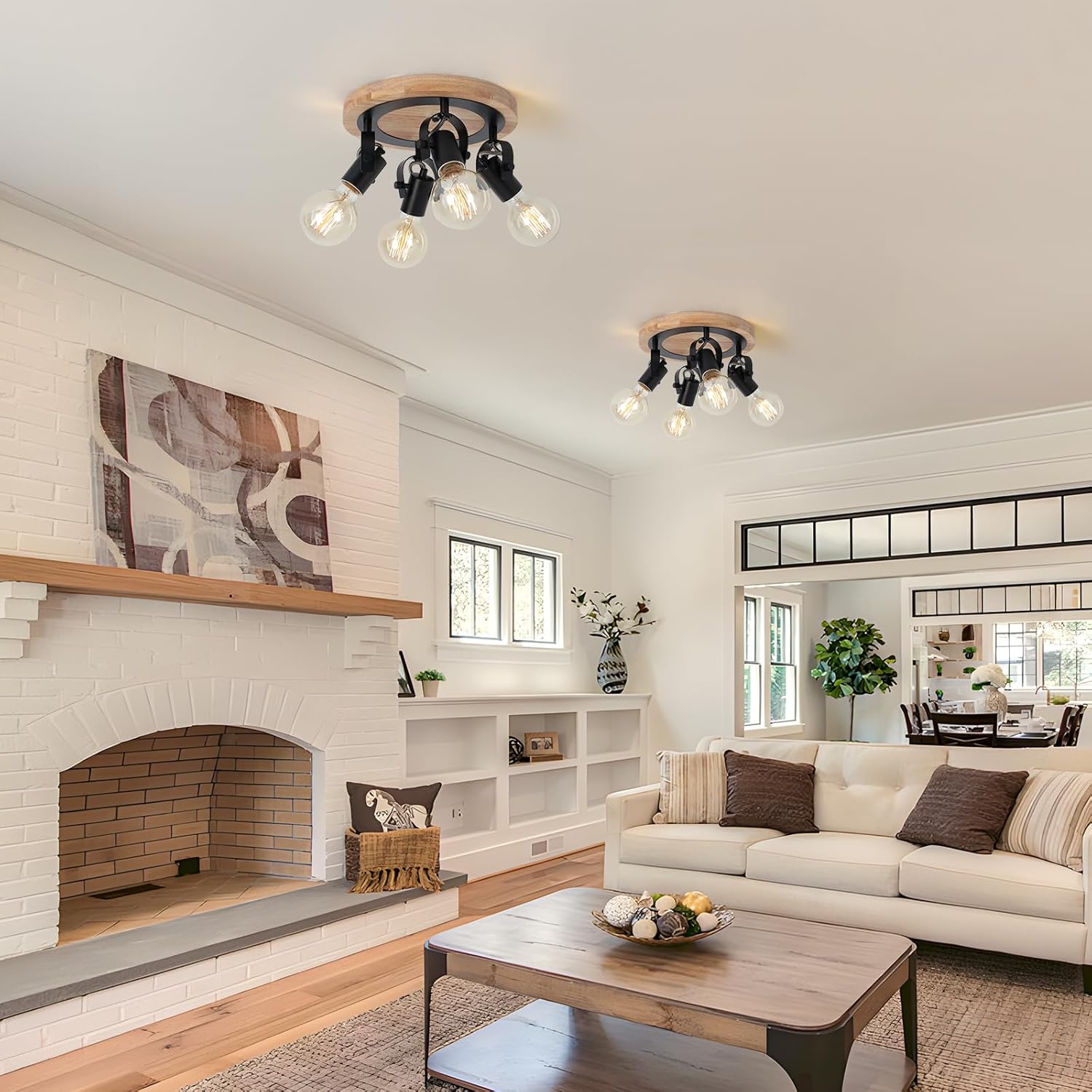 SEEBLEN 4-Light Round Flush Mount Ceiling Light，Adjustable Farmhouse Kitchen Track Light with Wood Base, Multi-Directional Dining Room Light for Island Hallway Entryway Bedroom.