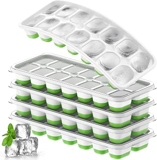 Ice Cube Tray 5 Pack, Stackable Silicone Ice Cube Trayswith Lid– Easy Release Reusable Ice Tray, BPA-Free Rectangular Ice Cube Mold Set for Cocktails, Coffee, Whiskey & Drinks- Green