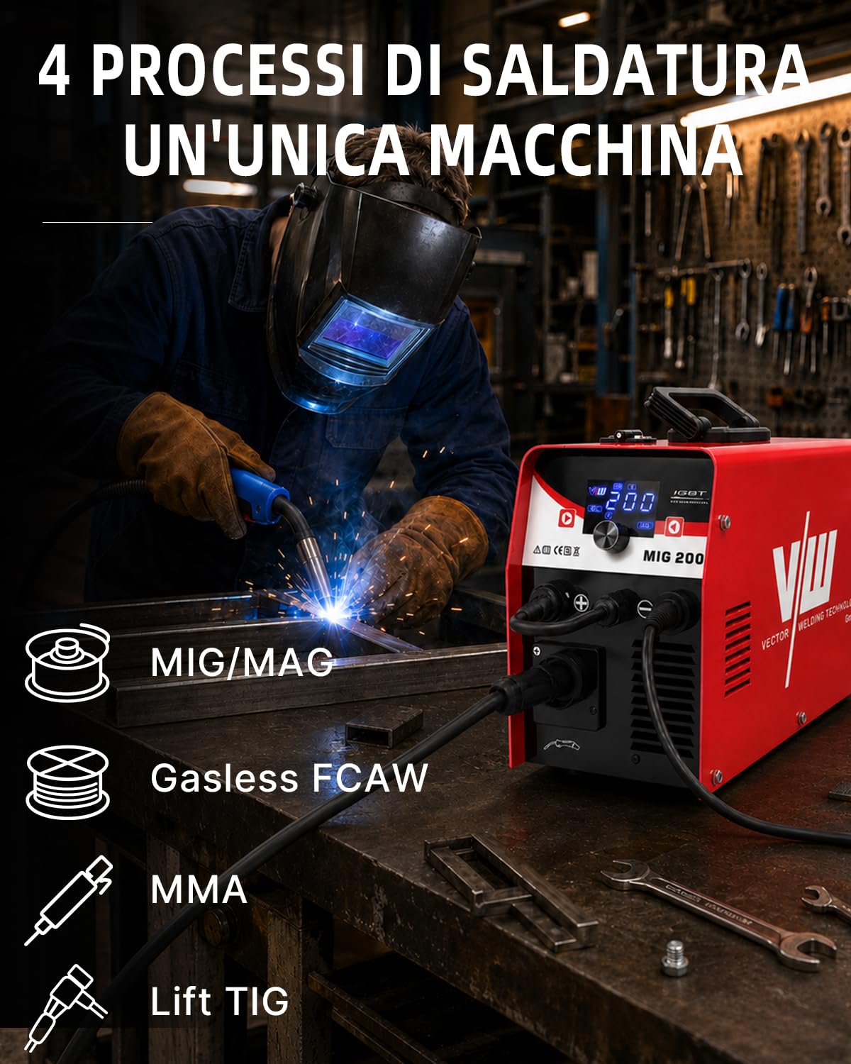 VECTOR WELDING MIG Saldatrice 200 A Set di Fili di Riempimento, Saldatrice Elettrodo 30-200A Dispositivo Combinato con MCU, IGBT, Display Digitale, per Saldatura con e Senza Gas