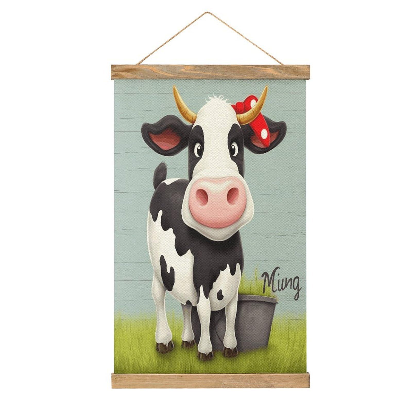 JTREHY Cute Cow Linen Hanging Painting Vintage Poster Wall Art Prints Personality Style Wall Hanging Poster for Living Room Office Bedroom Decor Frame 13.2 X 20.47 Inch