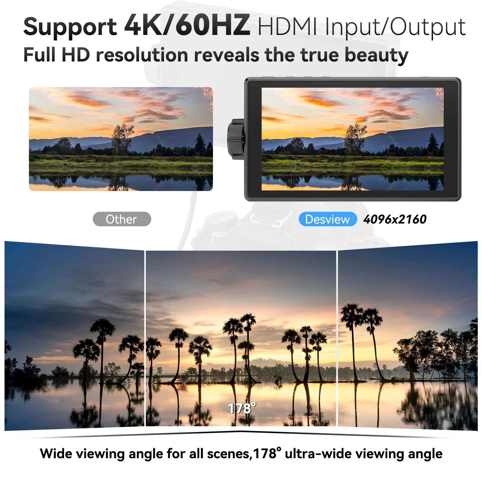 Desview A5 Touch Screen Camera Field Monitor 5.5 pollici 600nits 4K HDMI in/Out Monitor fotocamera esterna per DSLR con HDR 3D LUT Full-Waveform Peaking Focus Assist, parasole e custodia per il