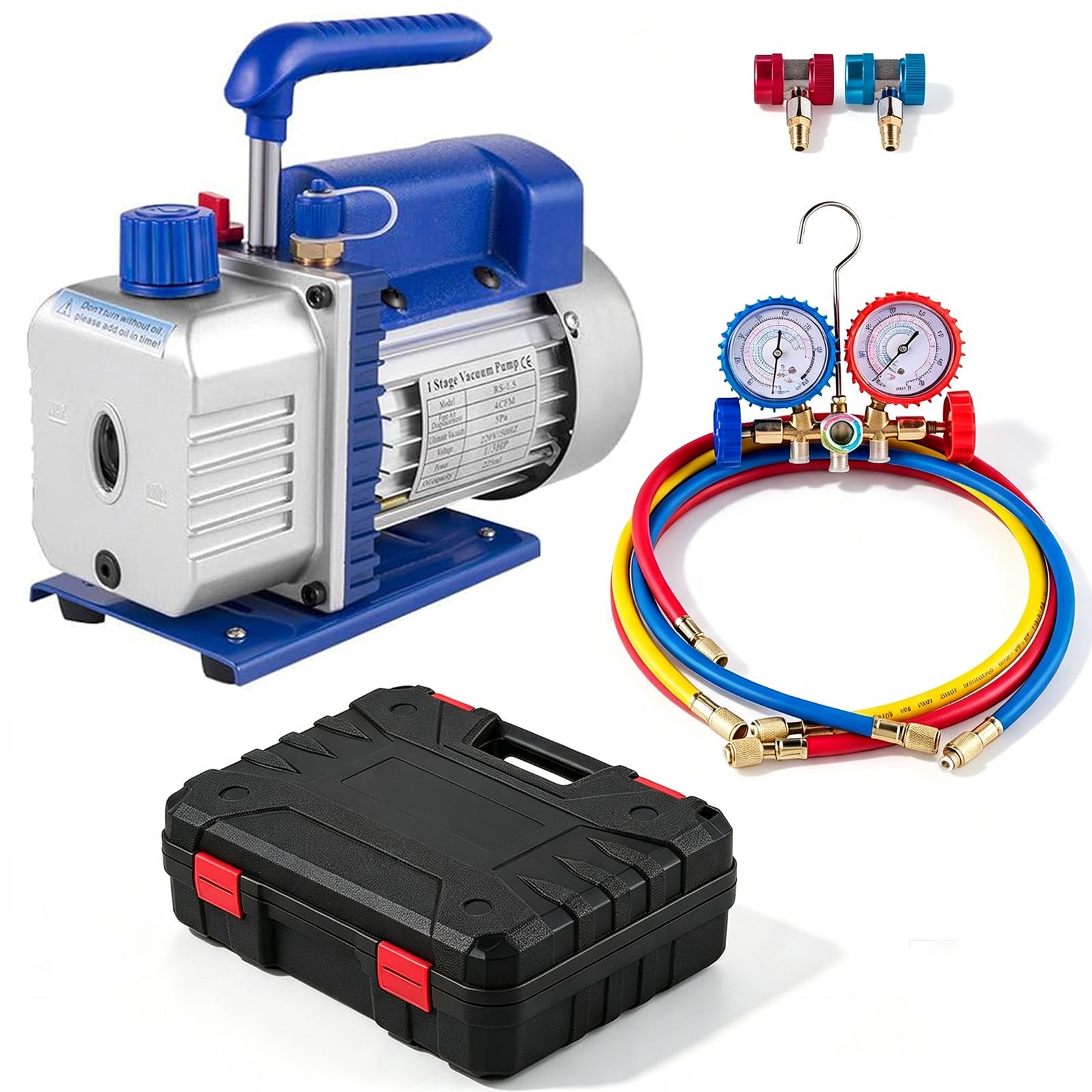 Pompe à Vide 4CFM, 1/3HP avec Ensemble de Manomètre Et Collecteur, Kit de Pompe à Vide Frigoriste HVAC à 4 Voies - Climatisation par Réfrigération A/C avec Coffret de Transport, Vacuum Pump