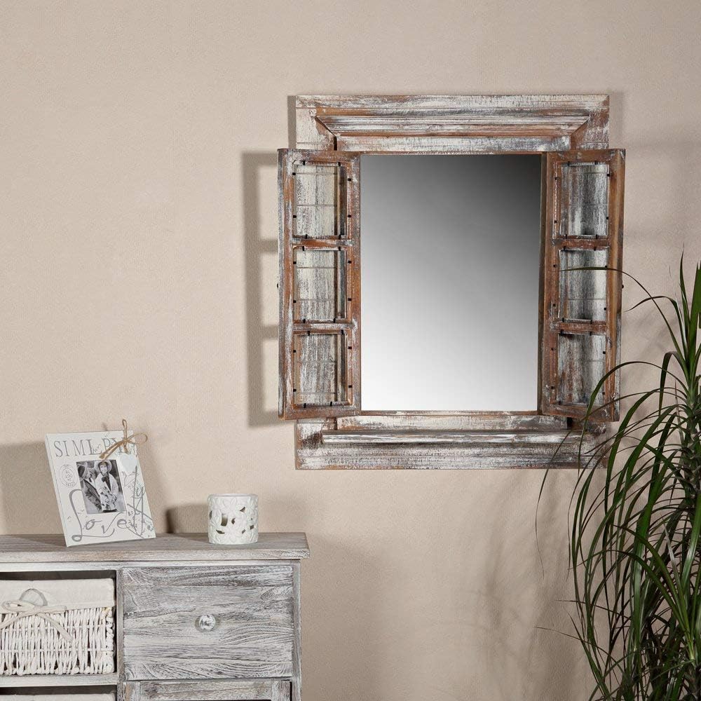 Melko Miroir mural, avec volets, 64 x 54 cm, fenêtre miroir shabby chic, avec étagère, portes de fenêtre, utilisable comme cadre photo, 13 x 13 cm