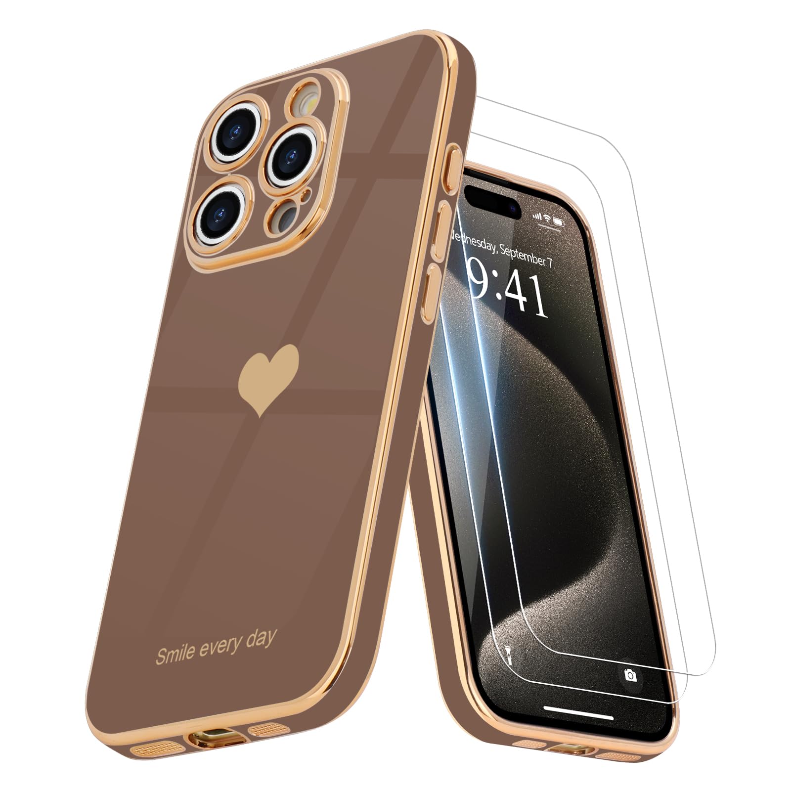 Teageo for iPhone 15 Pro Case with Screen Protector [2 Pack] for Girl Women Cute Girly Love-Heart Luxury Cover Camera Protection Silicone Shockproof