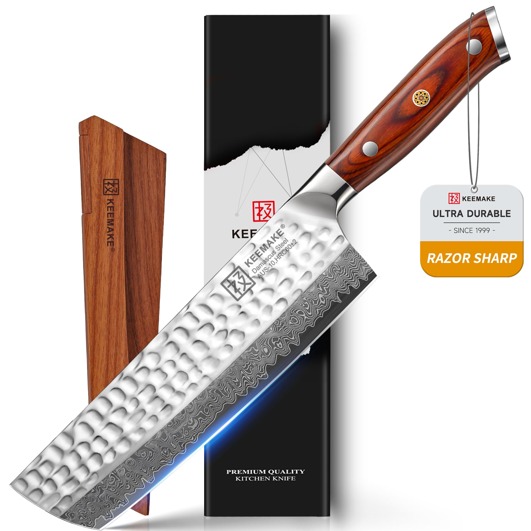 KEEMAKE Nakiri Chef Knife Japanese, 7 Inch 67-Layer Damascus Japanese Kitchen Knife with Ergonomic Pakkawood Handle