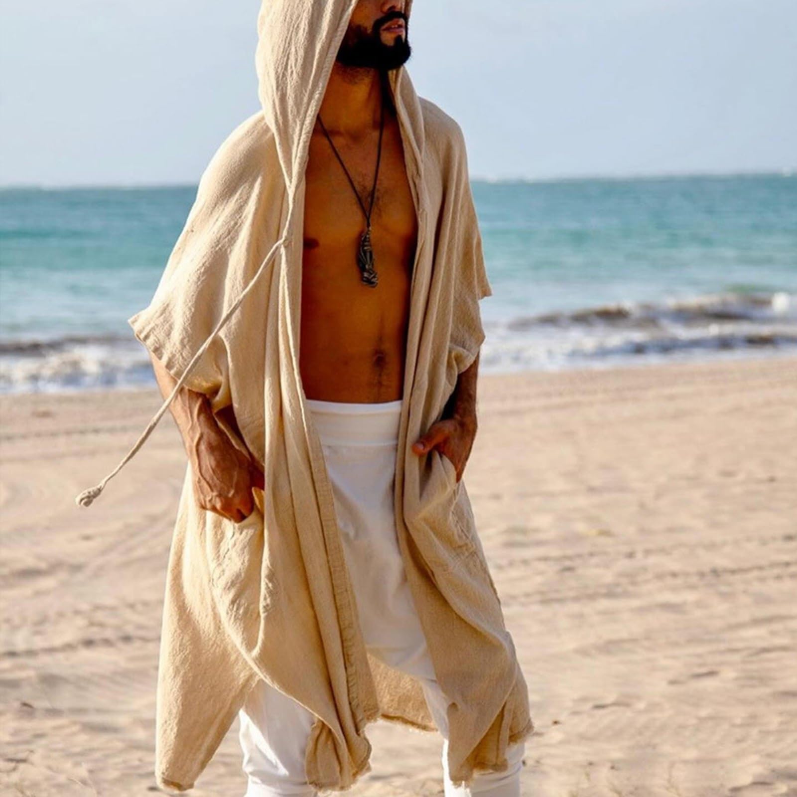 Cardigan Ouvert à Capuche pour Hommes Cape à Châle pour les Vacances D'été Long Kimono Cardigans Maillots de Bain Cover Ups