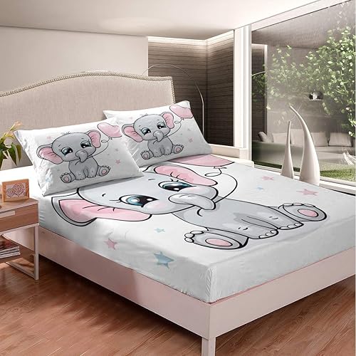 Feelyou Juego de sábanas con estampado de elefante para niños y niñas, diseño de elefante de dibujos animados, juego de ropa de cama ajustable con