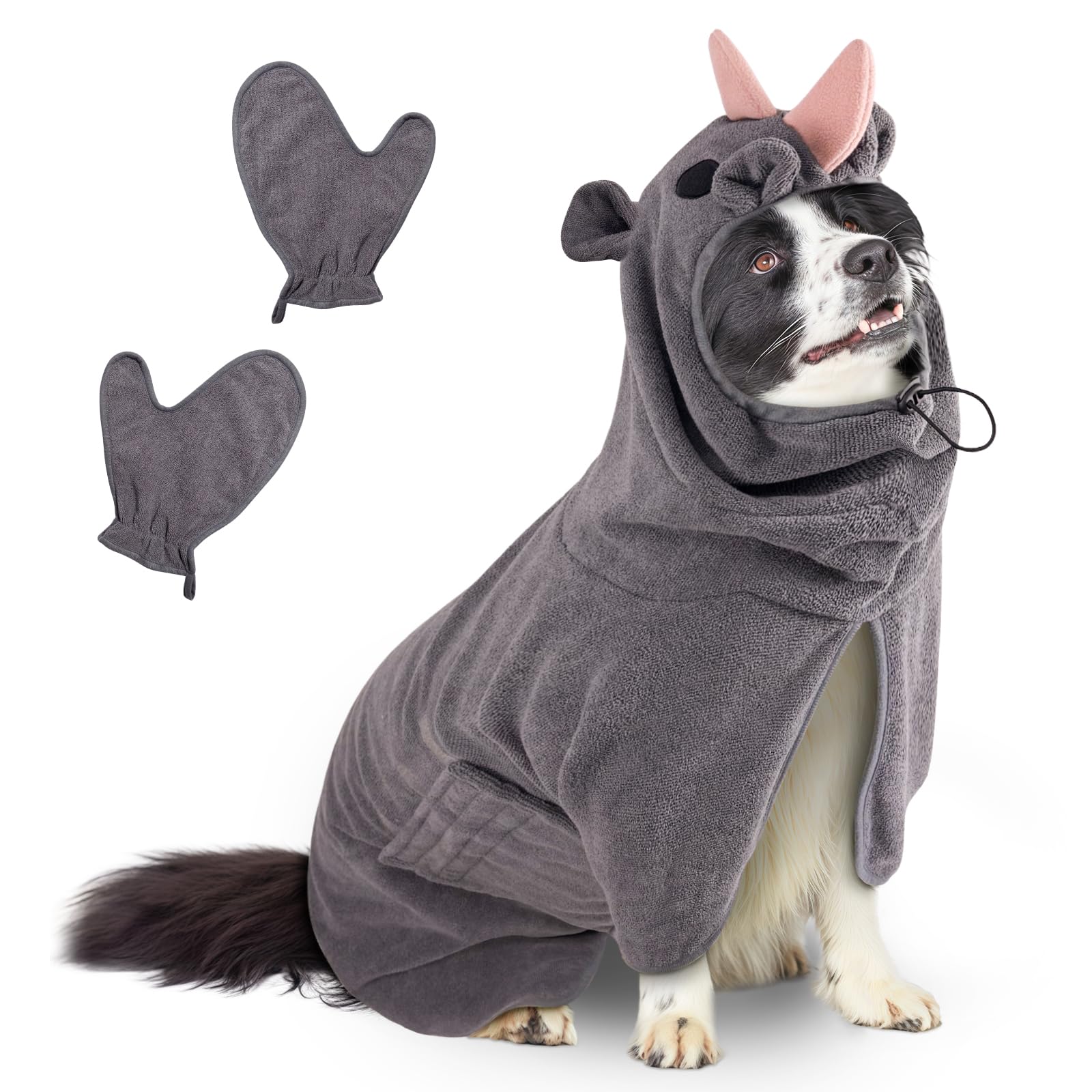 Bibykivn Bademantel für Hunde, Hundebademantel Aus Mikrofaser, Verstellbares Halsband Mit Klettverschluss Schnell Trocknend Badetuch für Große Mittelgroße Kleine Hunde/Katze (Graues Nashorn, M)