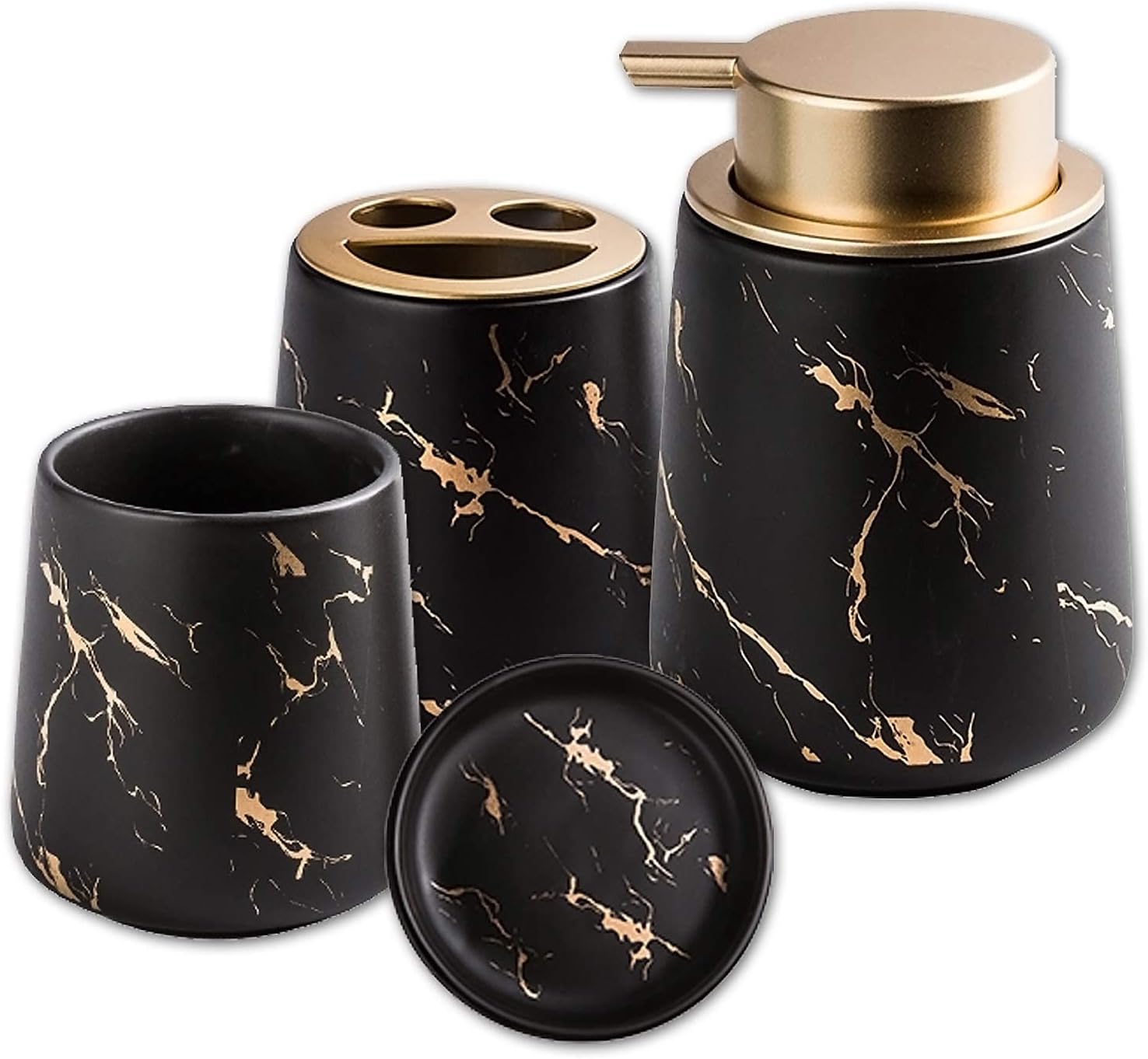 Set Salle De Bain BonVIVO Marmora 4 Pièces - Effet Marbre, Distributeur De Savon Et Accessoires