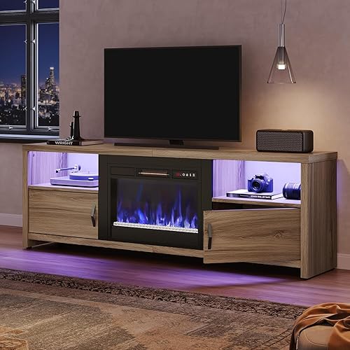 Bestier Fireplace TV Stand with LED Lights, 70 Inch Entertainment Center with Storage Cabinets for TVs Up to 80", Modren Wood Console TV Table with Adjustable Shelf for Living Room - Oak