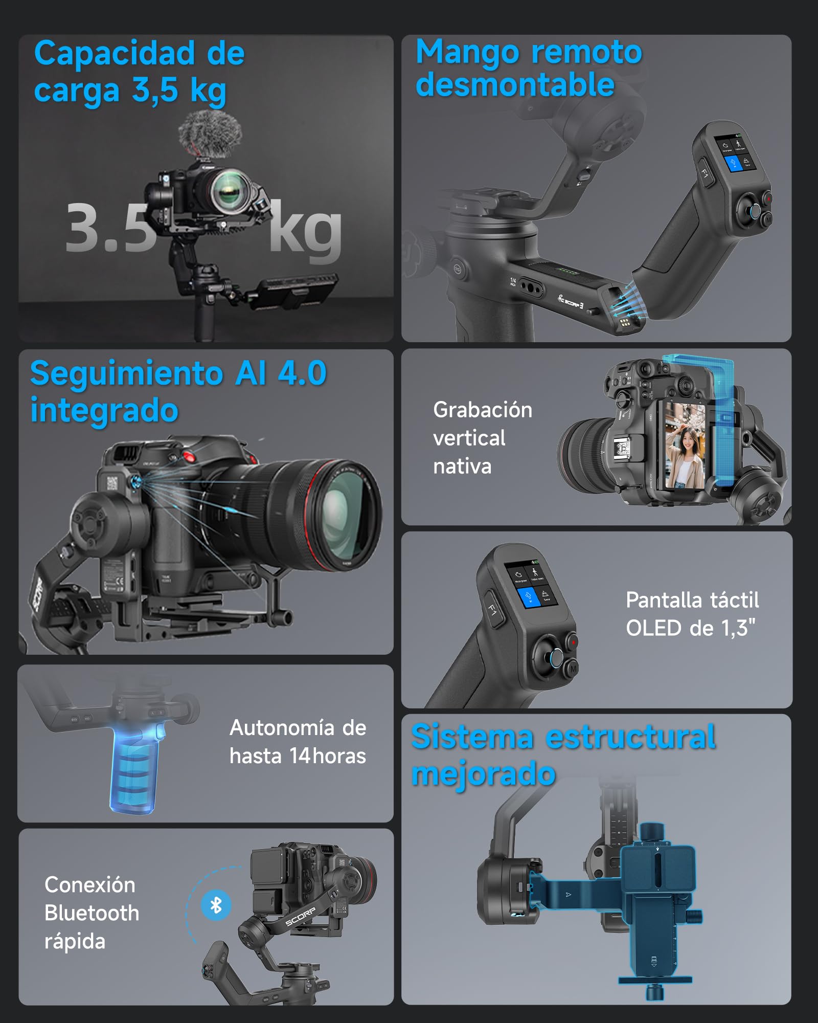 [Oficial] FeiyuTech SCORP 3 Kit Gimbal – 3,5 kg de Carga, Seguimiento AI, batería 14 h, Mango Remoto, botón de Captura Bluetooth, estabilizador Profesional con Estuche – para cámaras Sony/Canon/Nikon