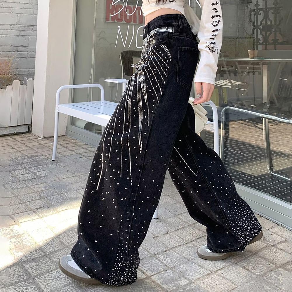 High Waisted Wide Leg Black Flare Baggy Jeans for Women Trendy Rhinestone Star Y2K Comfort Fit Trousers Pants