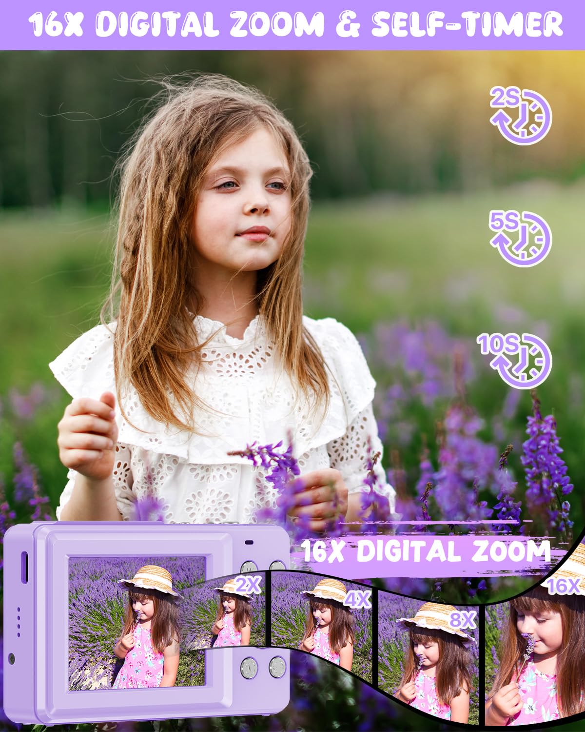 Macchina Fotografica Digitale con Scheda 32GB, 1080P 44MP Fotocamera Digitale Compatta con Zoom Digitale 16X Flash e 2 Batterie, Macchina Fotografica per Bambini, Adulti, Principianti (Viola)
