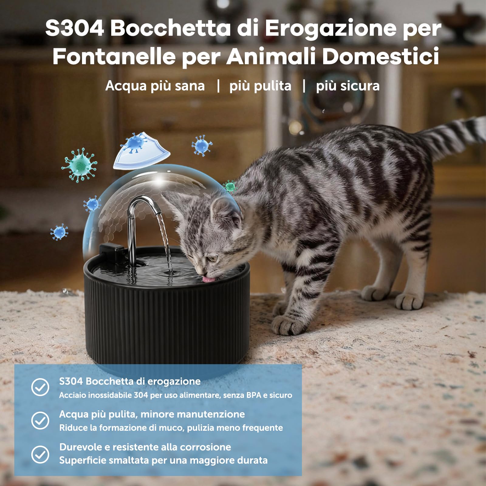 Fontana per gatti in ceramica, 2,2 l, silenziosa, dispenser automatico di acqua per animali domestici, con sistema di filtraggio, nero