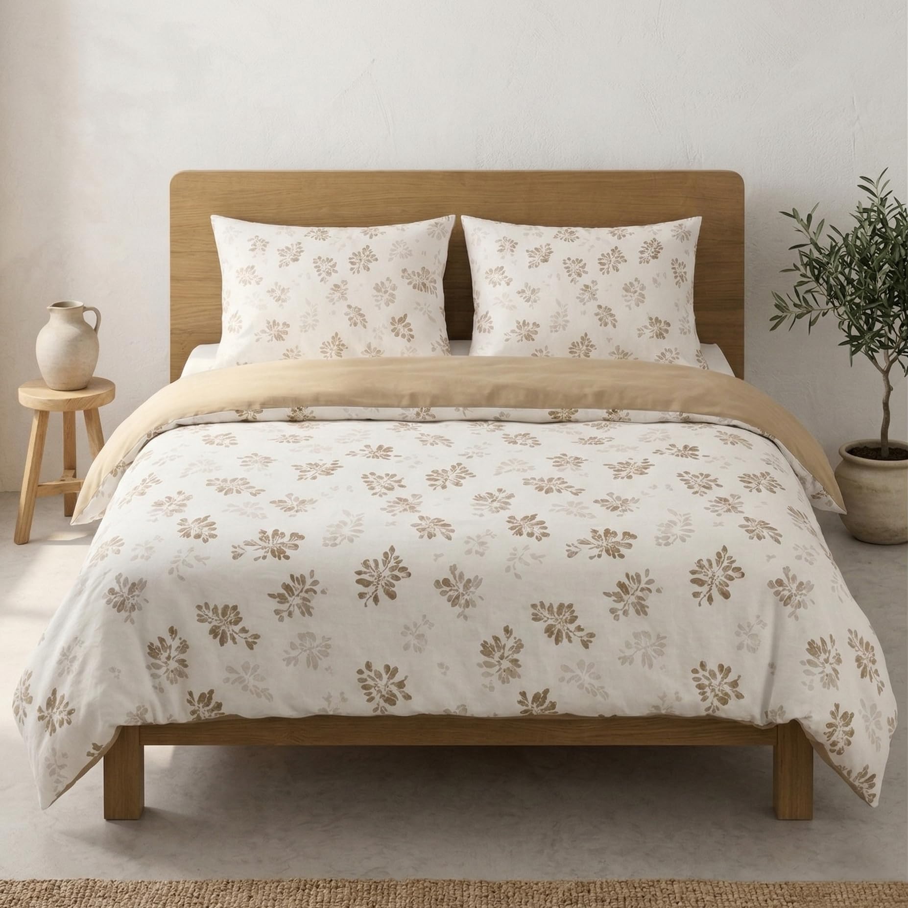 Juego Funda nórdica Cama 180/200 100% algodón, Funda edredón 260x240 cm + 2 Funda Almohada 50x90 cm, Estampado Floral, Taupe.