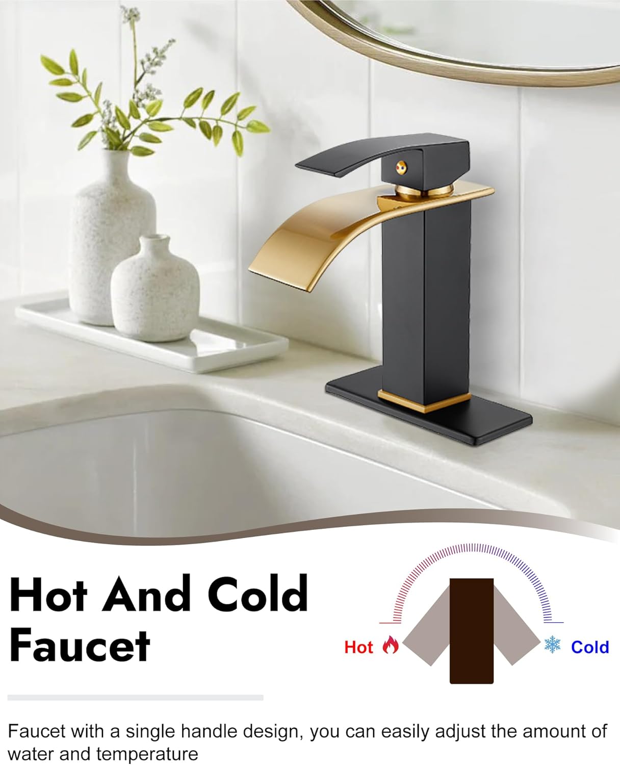 Midanya Bathroom Faucet with Waterfall Spout, Single Hole or 3-Hole Deck Mount, 304 Stainless Steel Sink Faucet with Pop-Up Drain, RV Vanity Compatible,Brushed Gold Spout/Matte Black - Image 3