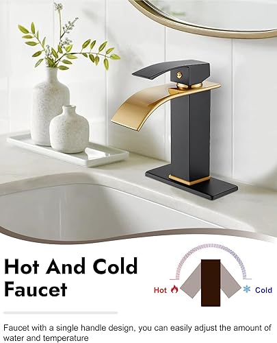 Miniatura 2 de Midanya Grifo de lavabo de baño de cascada negro mate con boquilla de oro cepillado, grifo de baño de un solo agujero, grifo de lavabo de tocador de