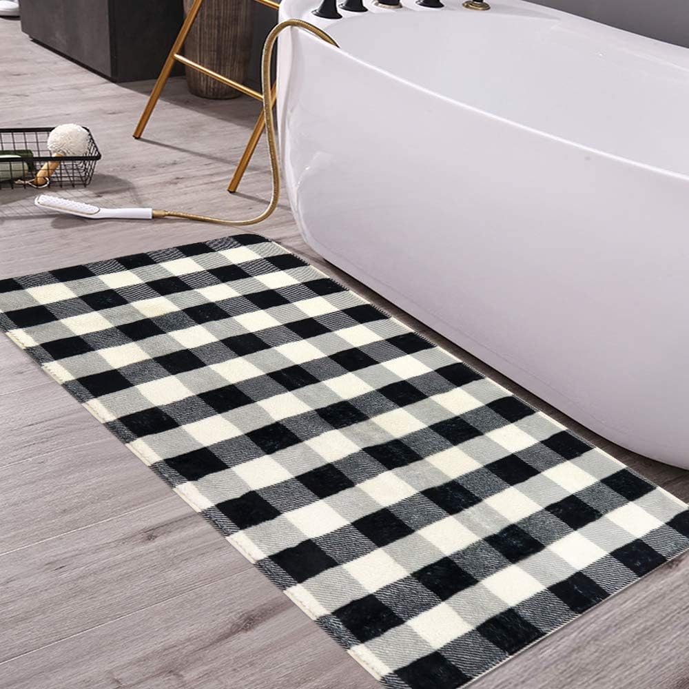 HAOCOO Bathroom Rugs Buffalo Plaid Bath Mat, 18 x 47 inch Non Slip Foam Absorbent Black and White Checkered Bath Rug Machine Washable Soft Flannel Carpet Bathroom Floor Mat for Doormats Tub Shower