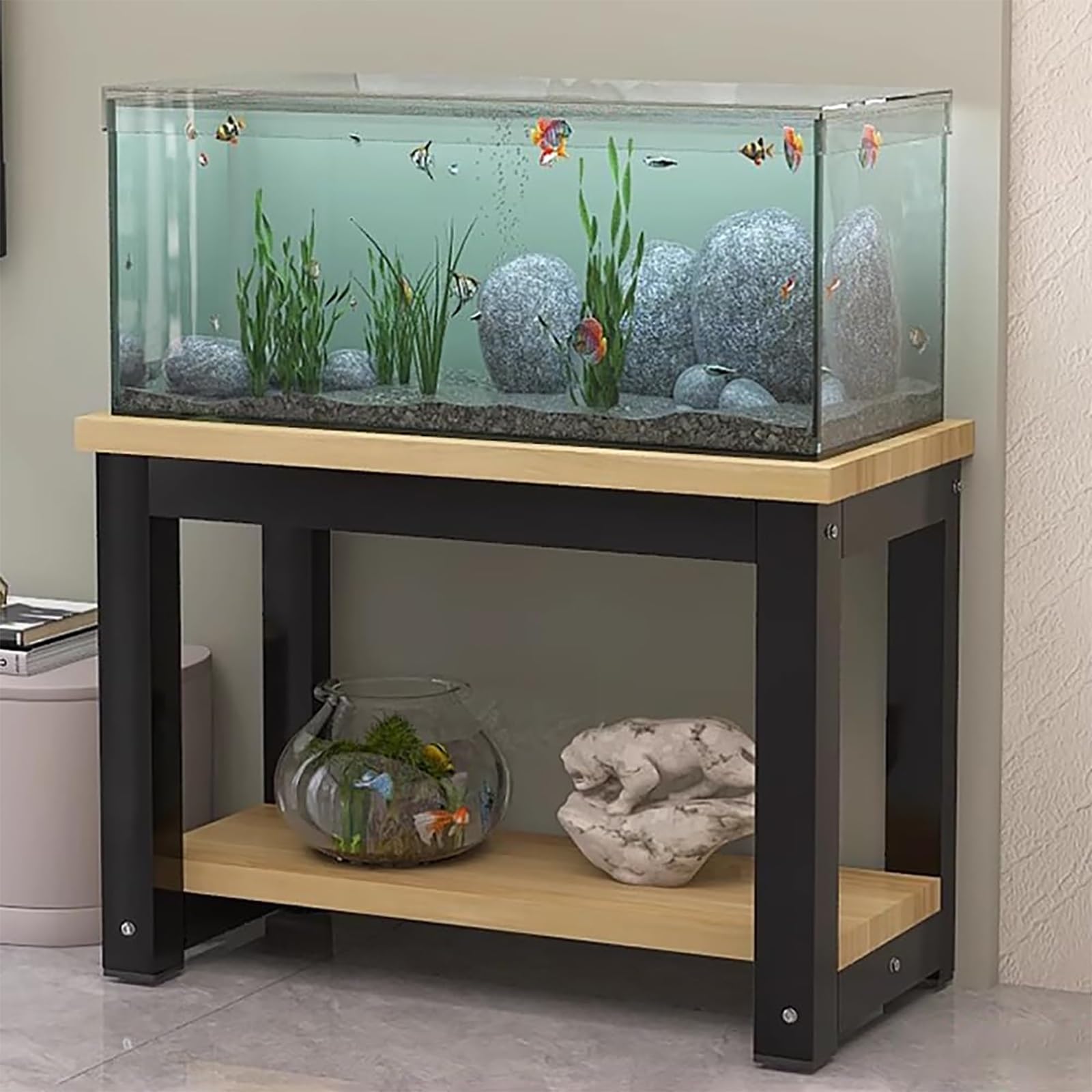 Aquarium Stand with Storage, Heavy Duty Metal Fish Tank Rack, 2-Tier Reptile Tank Shelf, Aquarium Table with MDF Boards, Plant Stand Organizer for Living Room Bedroom Office(Beige+Black,50x30cm)