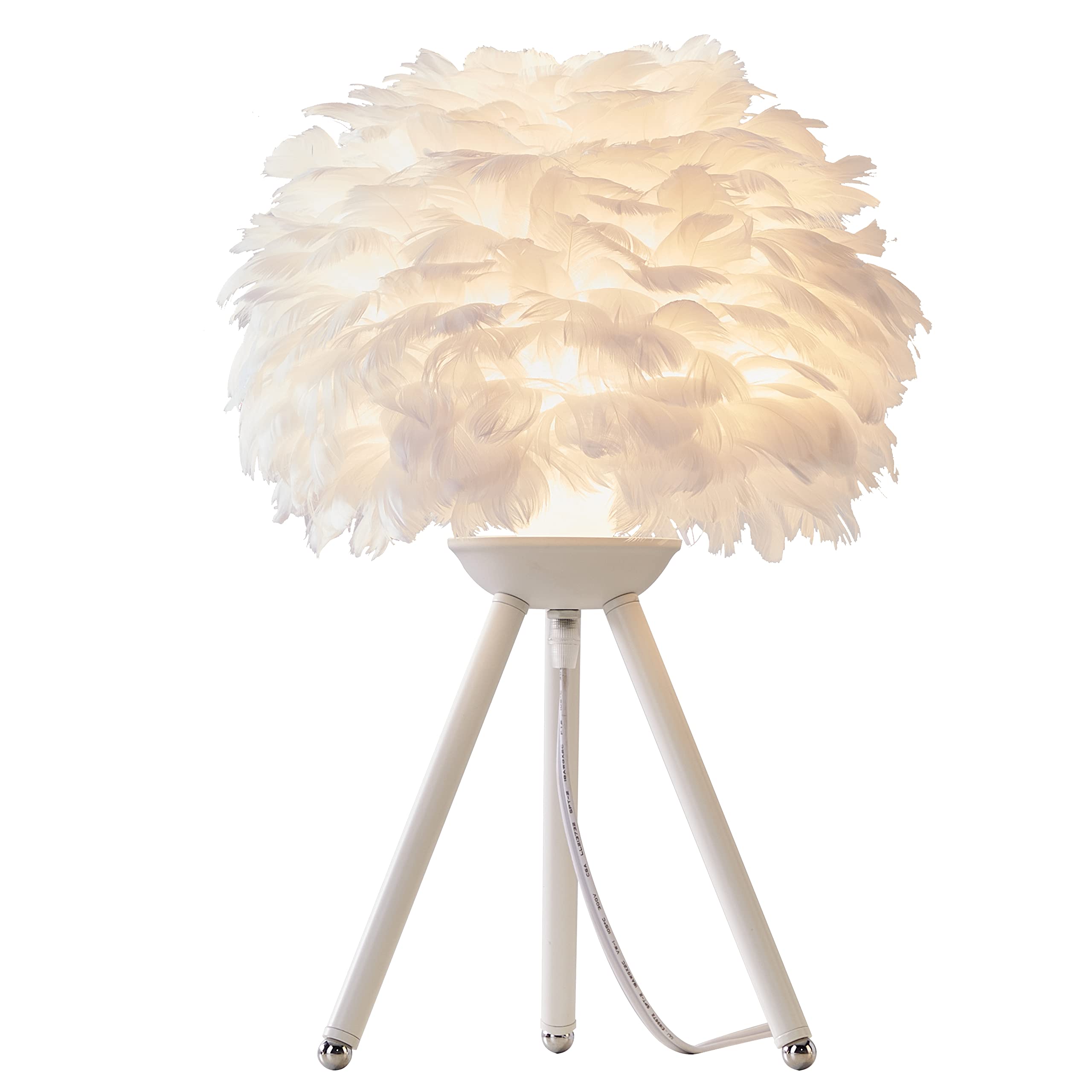 Qbaylan Modern White Feather Table Lamp 11.02" Tripod Desk Nightstand Lights Night Light Bedside Desk Lamp, Elegant Feather lamp for Bedroom Living Room Bathroom Kids Room Wedding