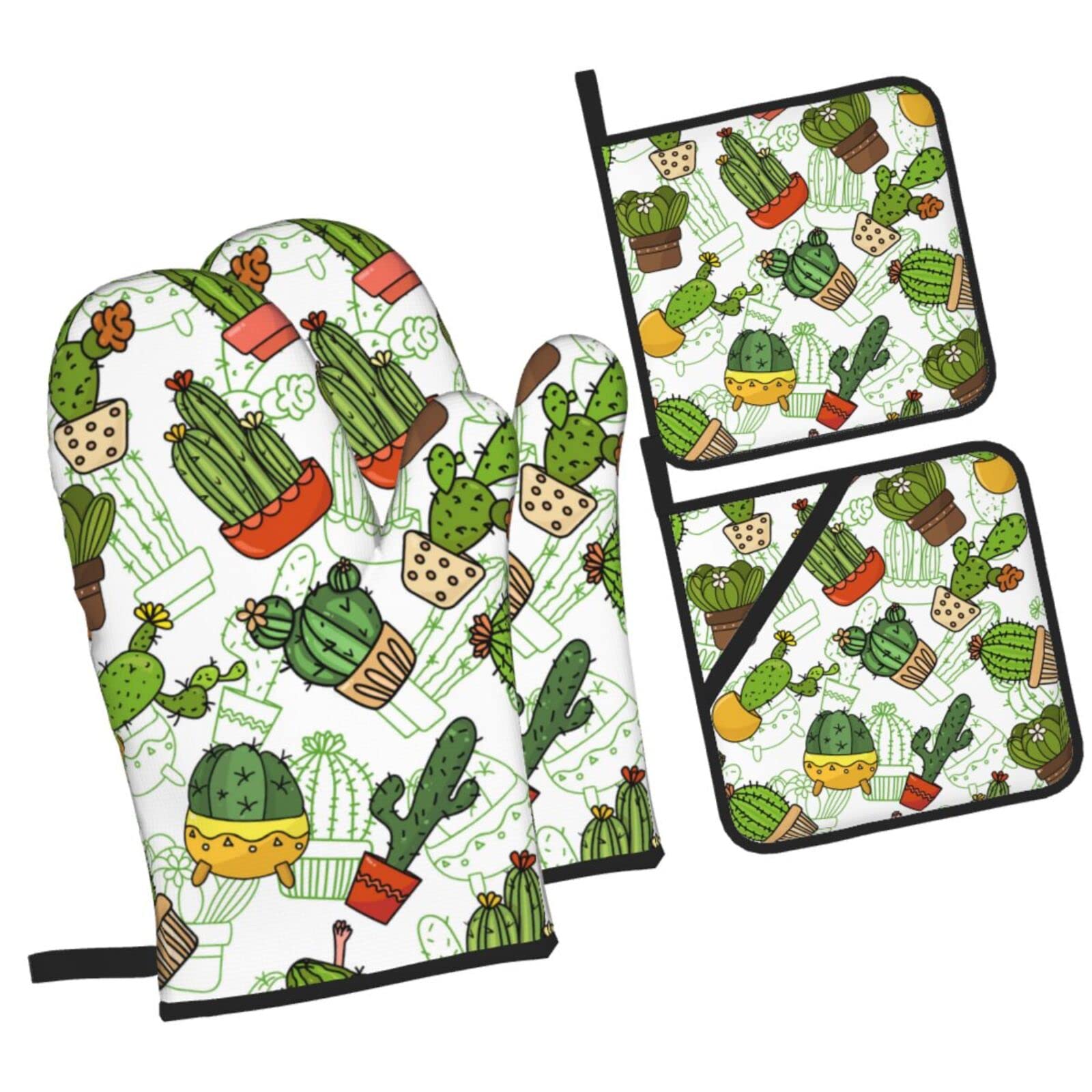 Background Cartoon Cactus Oven Mitts and Pot Holders Sets, Christmas Oven Mitt Kitchen Heat Resistant Non-Slip Pot Holders Set for Cooking Baking BBQ