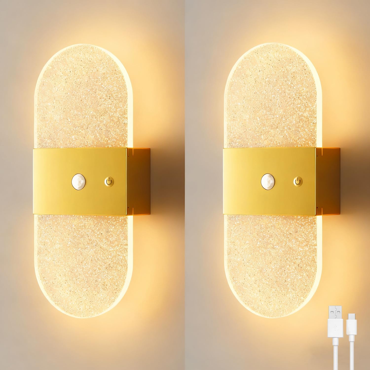 EaEa Akku Wandleuchte Innen mit Bewegungsmelder Ohne Stromanschluss LED Kabellose Wandlampe Acryl Touch Dimmbar Nachttischlampe Wand USB Aufladbare Magnetische Wandbeleuchtung Ohne Bohren,Gold