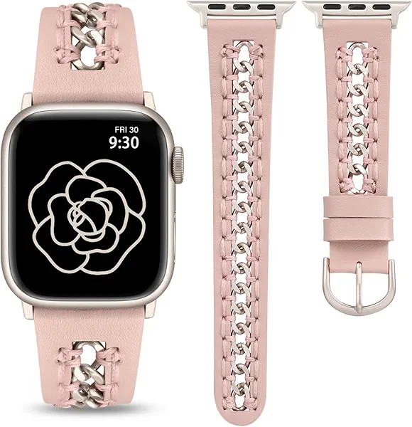 Minyee Leather Band Compatible with Apple Watch Bands 38/40/41/42/44/45/46/49mm Women, Dressy Premium Leather Strap with Stainless Steel Metal Chain for iWatch Series 11 10 9 8 7 6 5 4 SE/Ultra 3 2 1