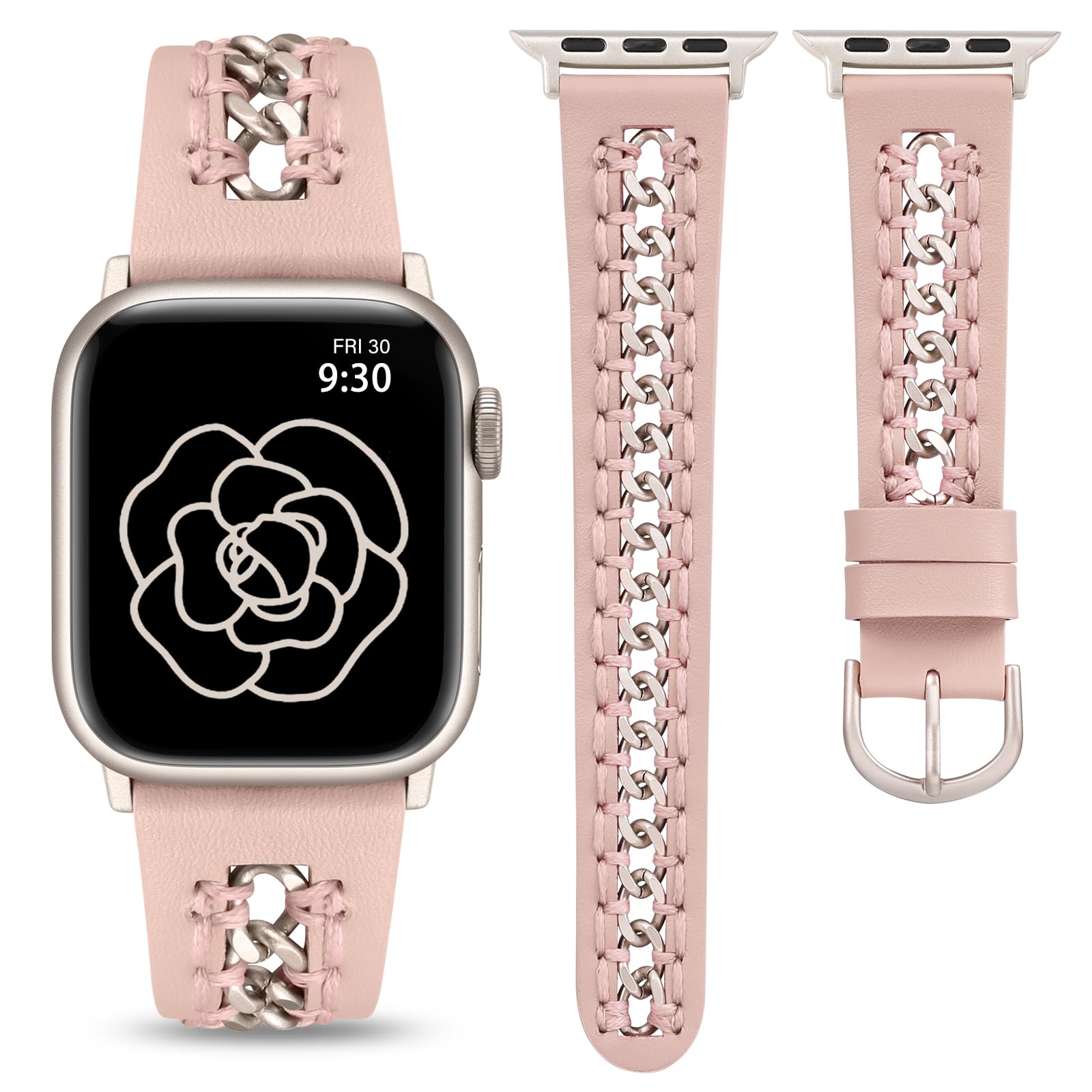 Minyee Leather Band Compatible with Apple Watch Bands 38/40/41/42/44/45/46/49mm Women, Dressy Premium Leather Strap with Stainless Steel Metal Chain