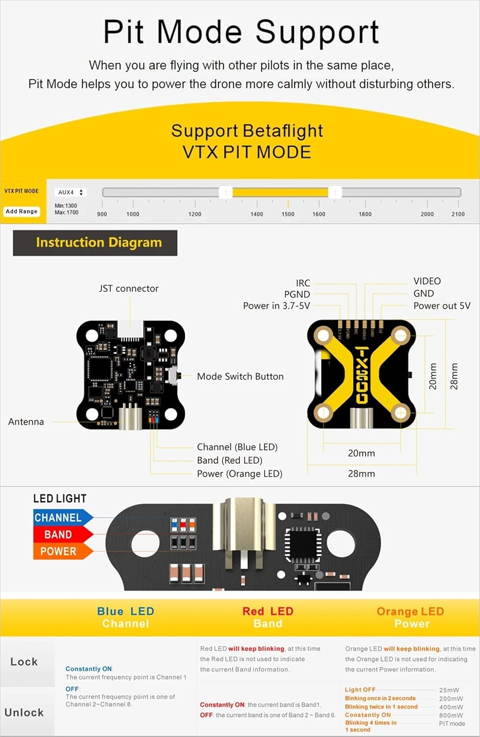 3.7V-5.5V 5.8G 48CH VTX PitMode 25mW/200mW/400mW/800mW Output Long Range Transmitter IRC Tramp Support For RC FPV Racing Drone Quadcopter DIY Parts