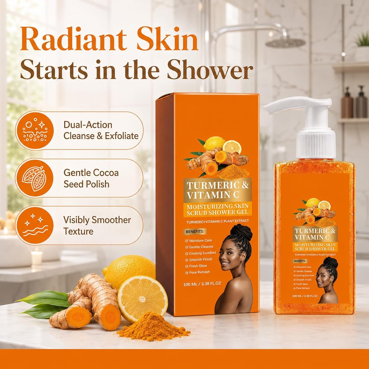 Turmeric Orange Body Wash, Turmeric body scrub with Exfoliant Formula, Even Out Skin Texture, Gentle Cleansing Shower Gel Scrub for Radiant Glowing Skin, 120ml (2 Packs)