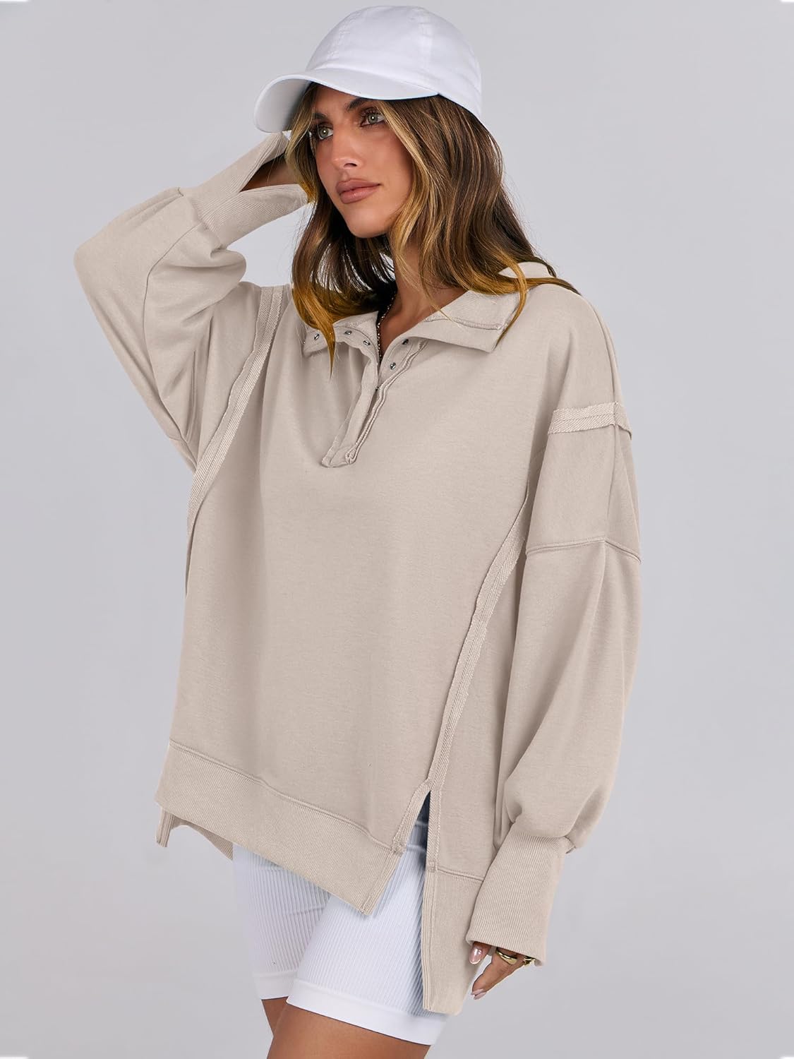 ANRABESS Women's Sweatshirts Oversized Casual Loose Button Up Henley Pullover Top High Low Split 2025 Fall Fashion Outfits - Image 4