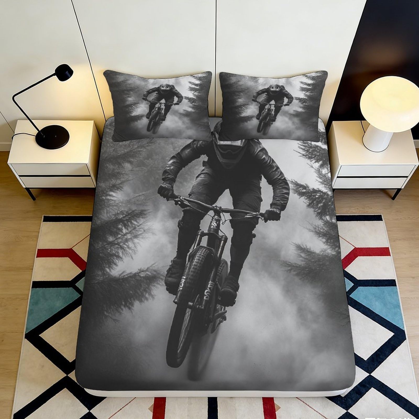3D Printed Mountain Biker Fitted Sheet Microfiber Non-Slip Forest Trail Bed Cover for Bedroom Dorm Mattress Protection Decor 160x200x25cm